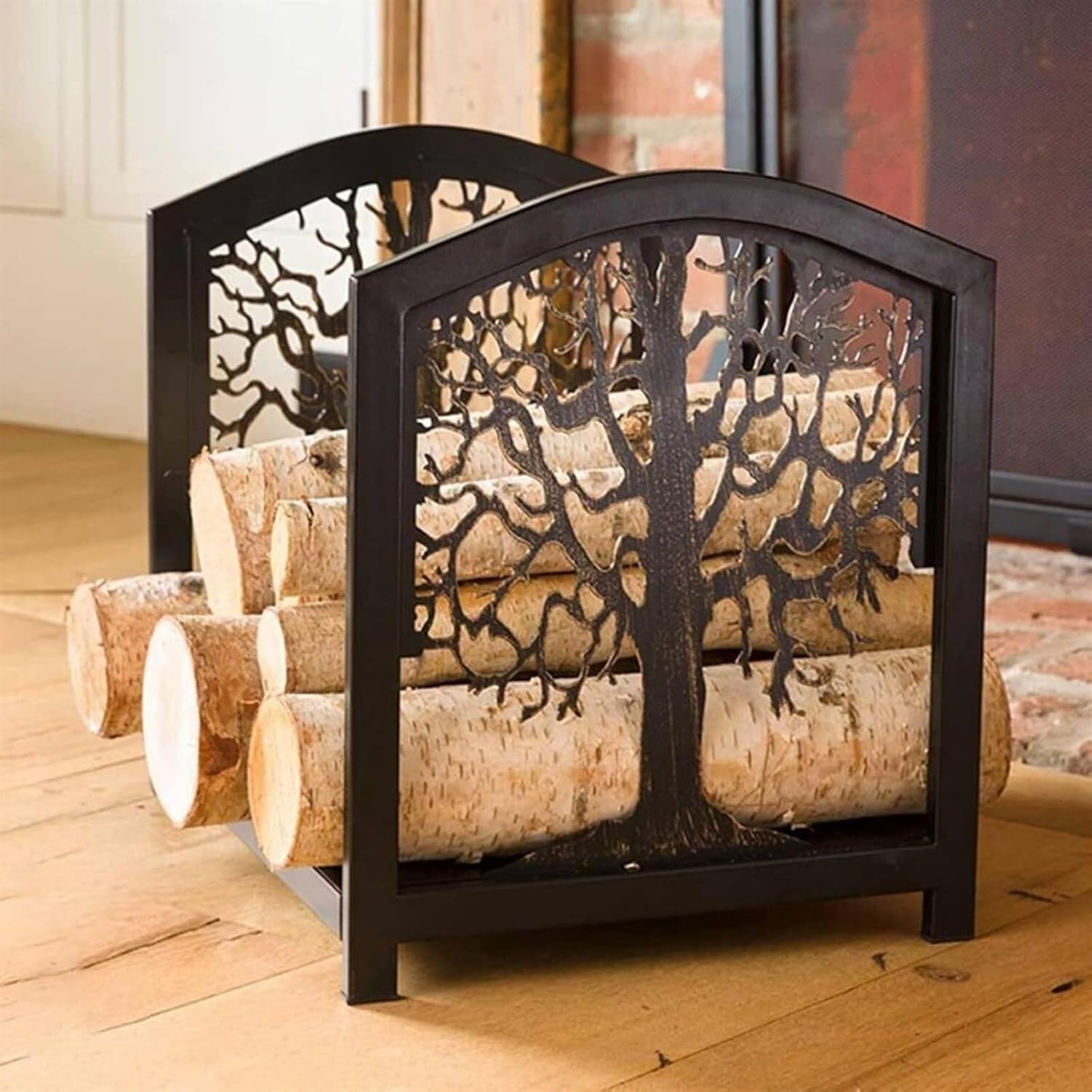 GMWXJKKL Firewood Log Holder With Tree Pattern, Heavy Duty Metal Firewood Rack, Indoor & Outdoor Wood Storage Stand