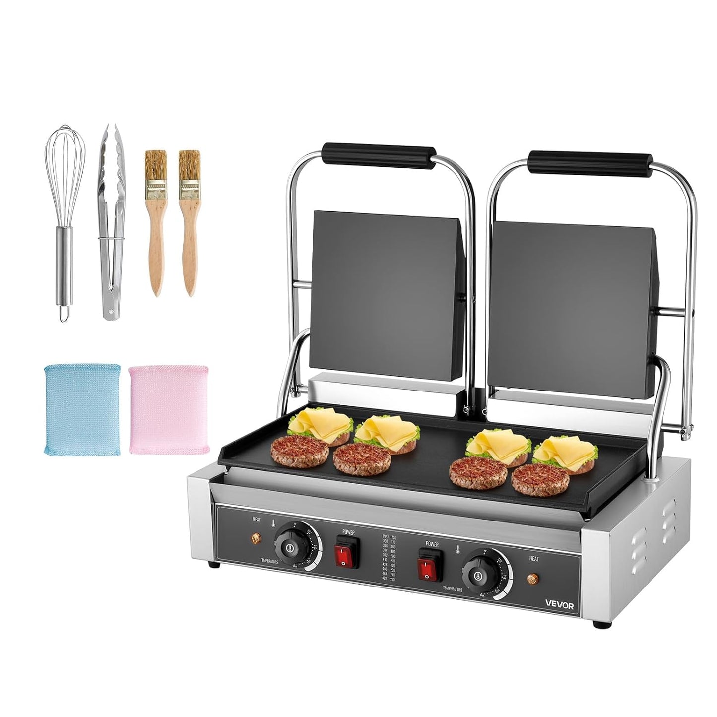 VEVOR Commercial Panini Grill, 3600W Electric Sandwich Panini Maker, Stainless Steel Double Sandwichs Press with Handle and Temp Control, 19x9 in Full Flat Enamel Plate, for Hamburger Steak Bacon