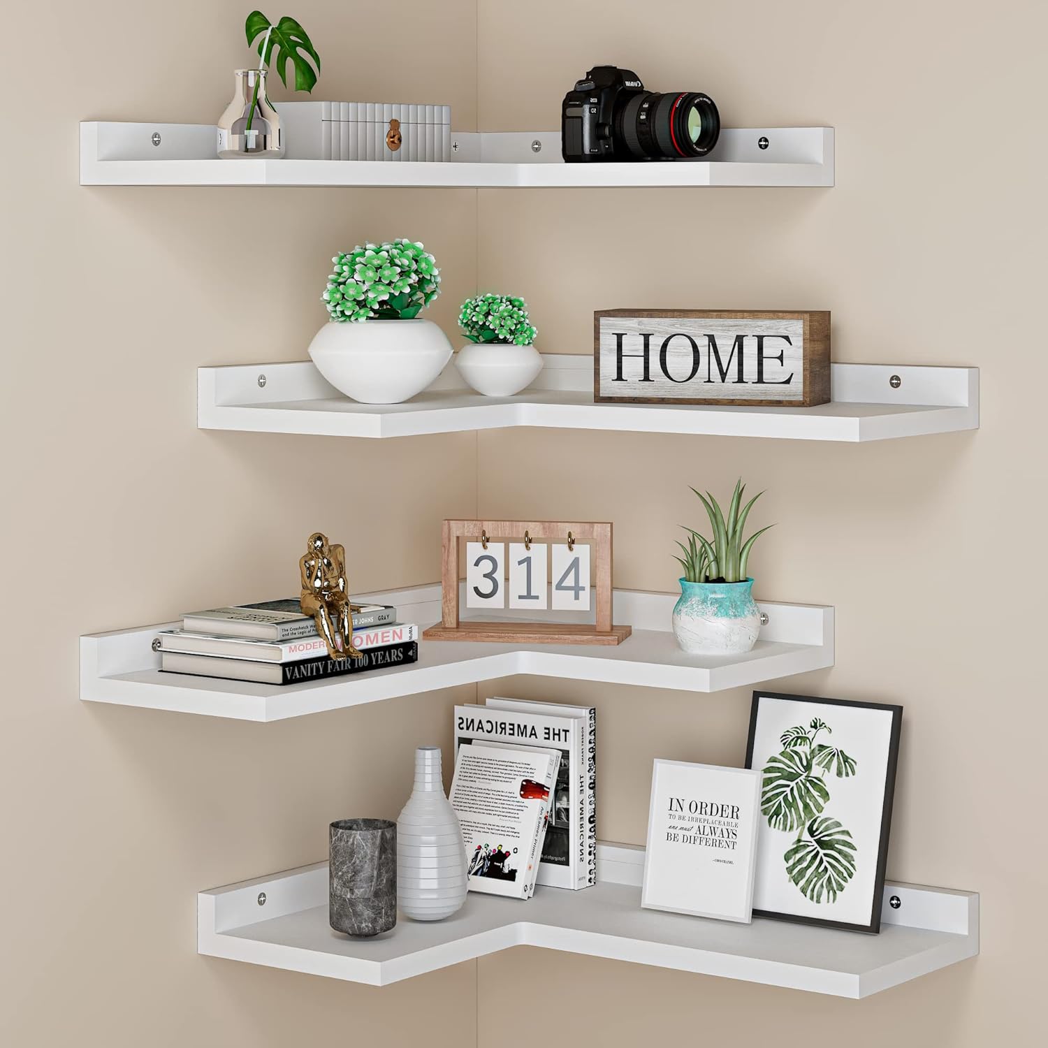 4 Tier Floating Corner Shelves White Set of 4, Rustic Pine Wooden Floating Corner Wall Shelf for Wall Décor Storage, L Shaped Corner Shelf Wall Mount for Bedroom, Living Room, Bathroom, Kitchen
