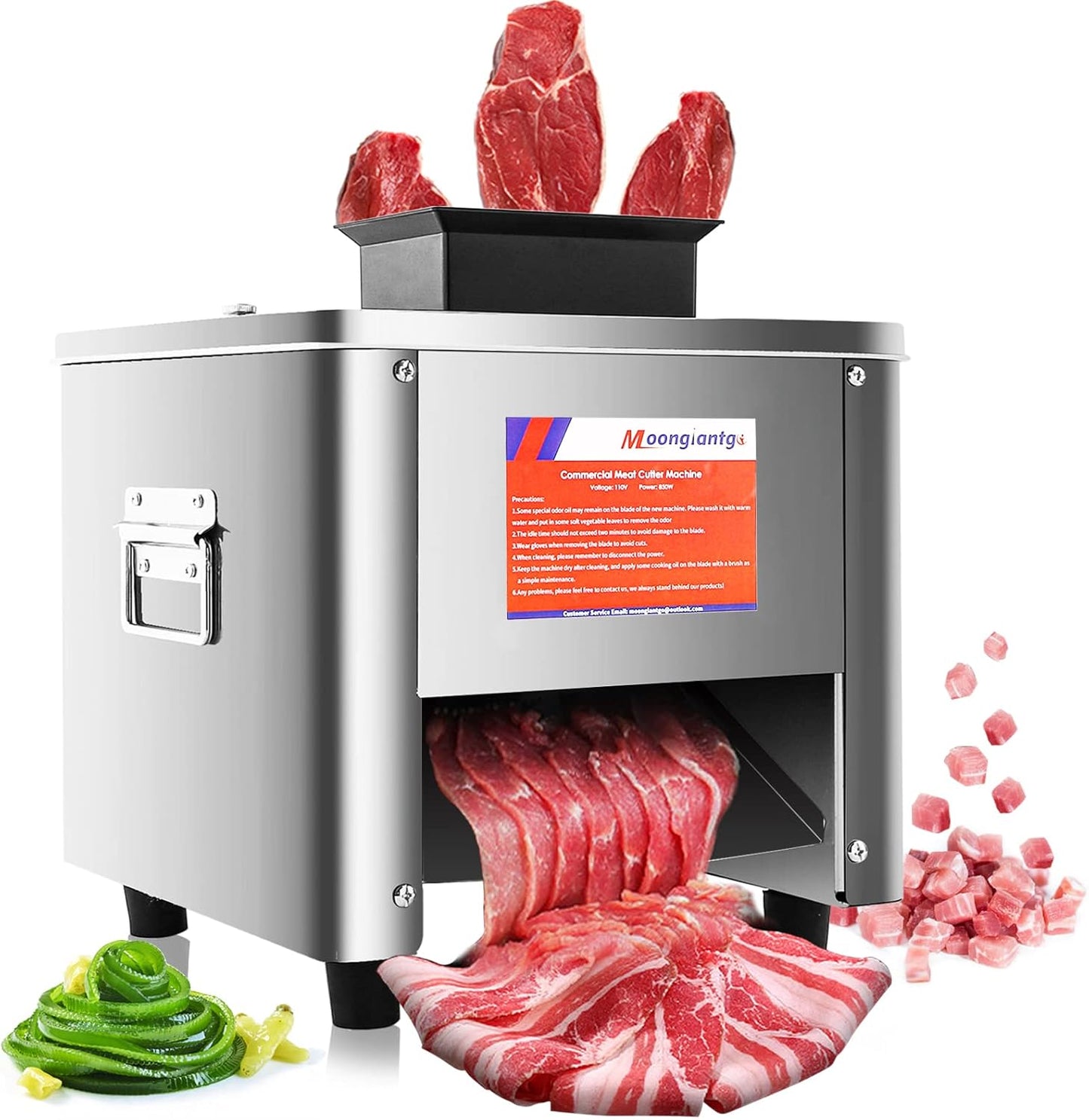 Moongiantgo Commercial Meat Cutter Cutting Machine 331 LB/H Electric Stainless Steel Meat Strips Cubes Dicer Vegetables Slicer for Restaurant Meat Shop (21mm Blade, Single Feed Inlet)