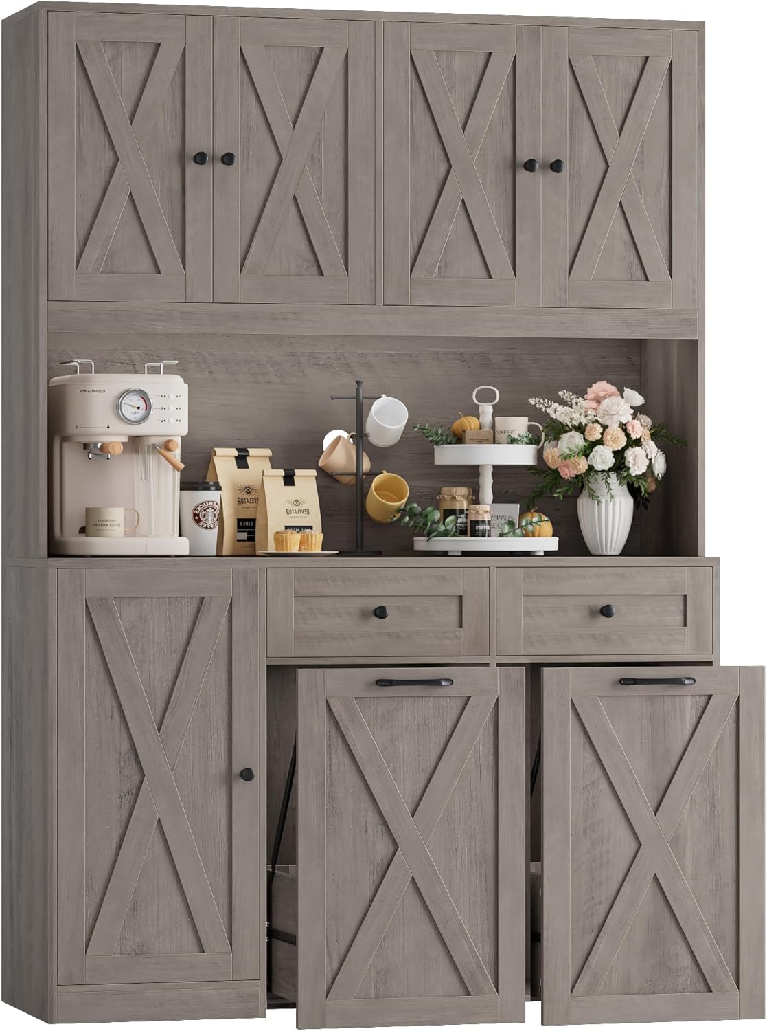 HOSTACK 71" H Kitchen Trash Can Cabinet, 12.5 Gallon Double Pull Out Garbage Can Hutch Cabinet with Trash Bin Storage Holders, 47" Wide Kitchen Pantry with Hidden Garbage Storage, Ash Grey