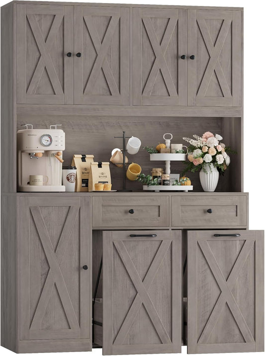 HOSTACK 71" H Kitchen Trash Can Cabinet, 12.5 Gallon Double Pull Out Garbage Can Hutch Cabinet with Trash Bin Storage Holders, 47" Wide Kitchen Pantry with Hidden Garbage Storage, Ash Grey