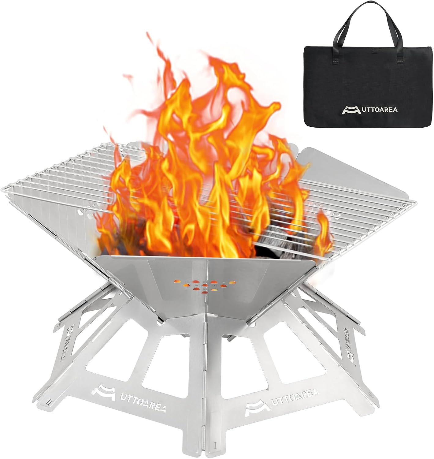 21" Portable Outdoor Fire Pit, Stainless Steel Portable & Collapsible Fire Pit with Charcoal Grill Net & Storage Bag,Wood-Burning for Patio, Backyard BBQ, Camping & Beach Bonfires