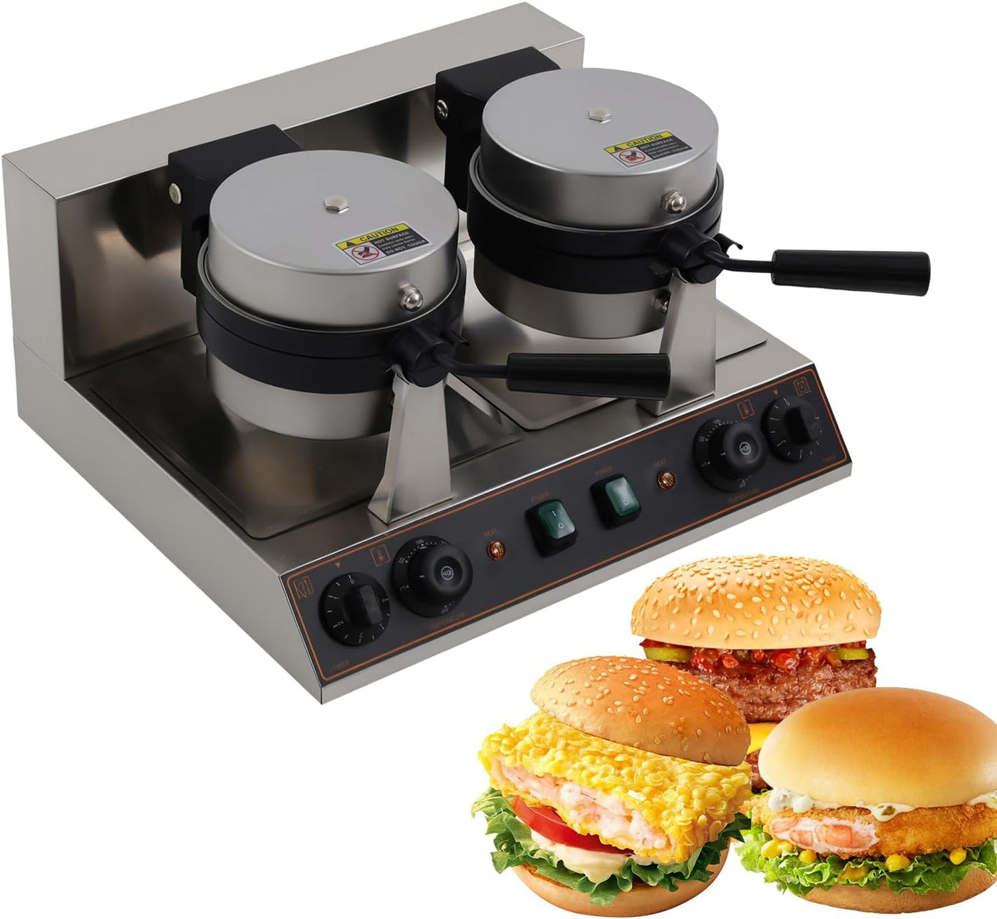 Commercial Dual Panini Press Hamburger Maker Grill Electric Burger Toaster Burger Machine 2400W Ice Cream Panini Press Baking with Timer 0-5 Min & 50-300℃ for Home Kitchen Breakfast Shops