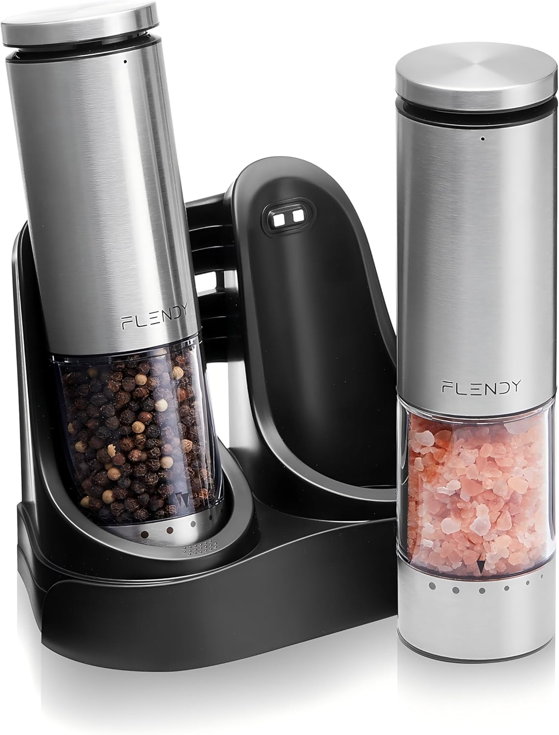 Flendy Electric Salt and Pepper Grinder Set Rechargeable, Automatic Salt and Pepper Grinder Set with Oversized Top Button, Stainless Steel Electric Salt and Pepper Shakers Set