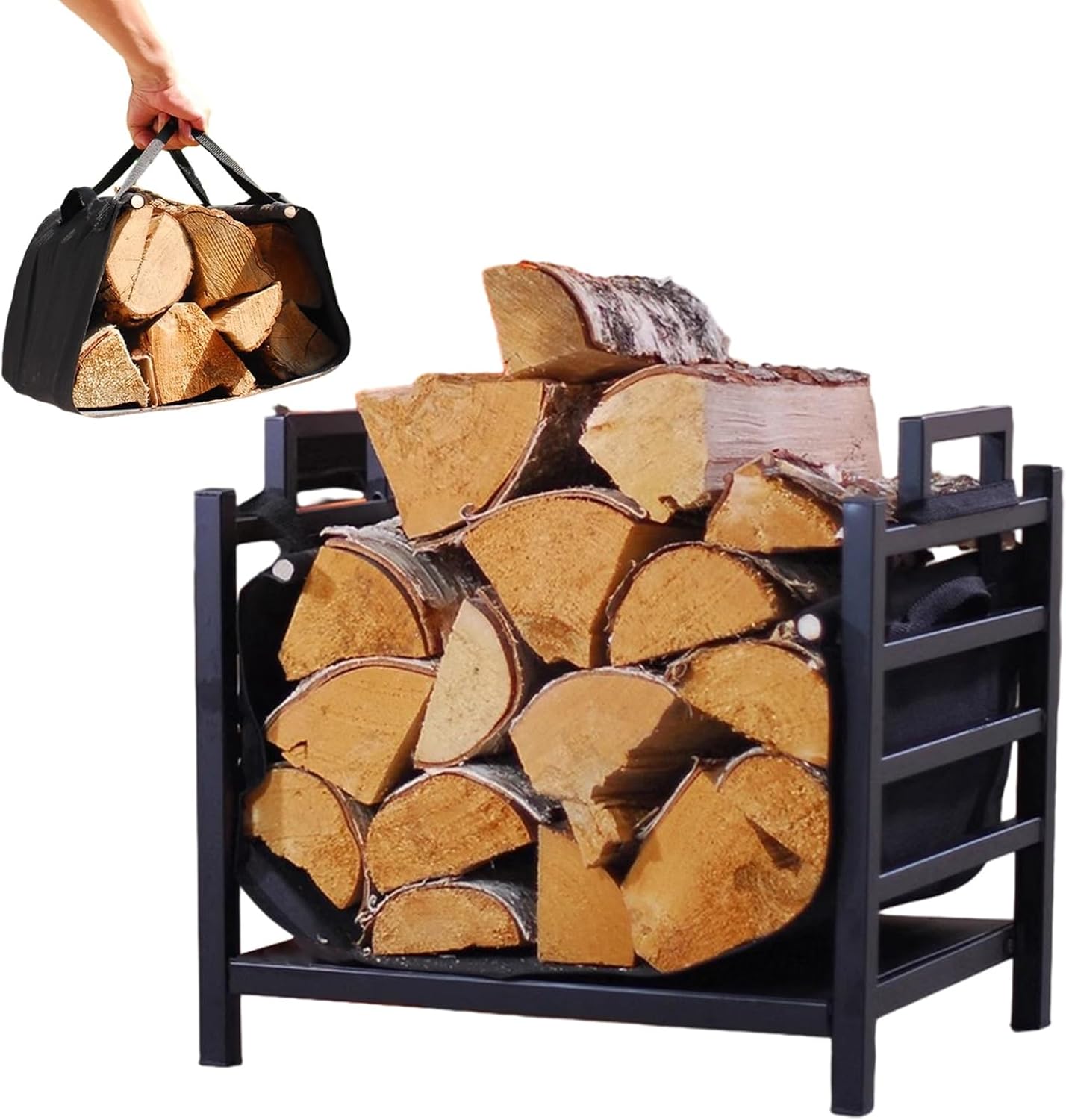 Firewood Rack with Canvas Carrier Bag & Handles, Portable Removable Small Log Carrying Bag, 18 Inch Steel Firewood Holder Fireplace Storage Brackets