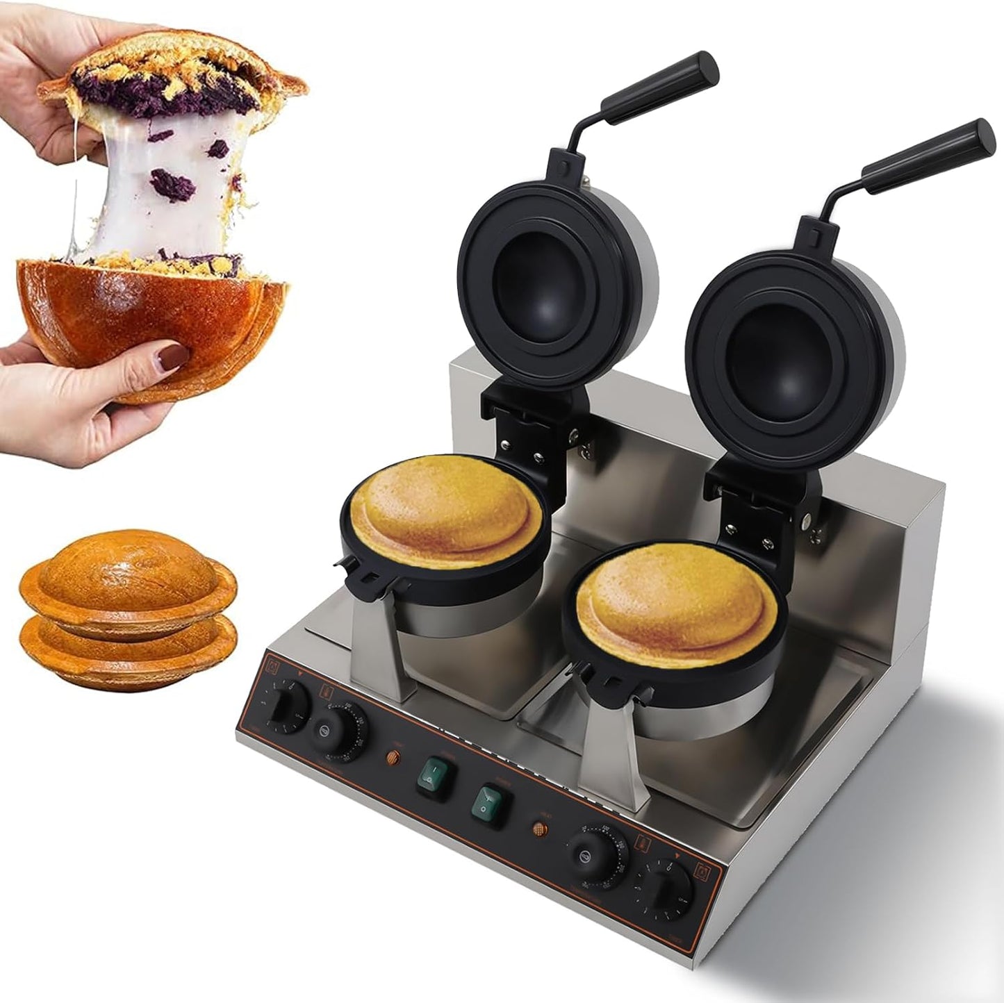 Commercial UFO Burger Maker Electric Double-head Ice Cream Burger Machine 2400W 50-300℃ Temp Control Stainless Steel Waffle Sandwich Panini Press Maker for Restaurant Home Breakfast Shops