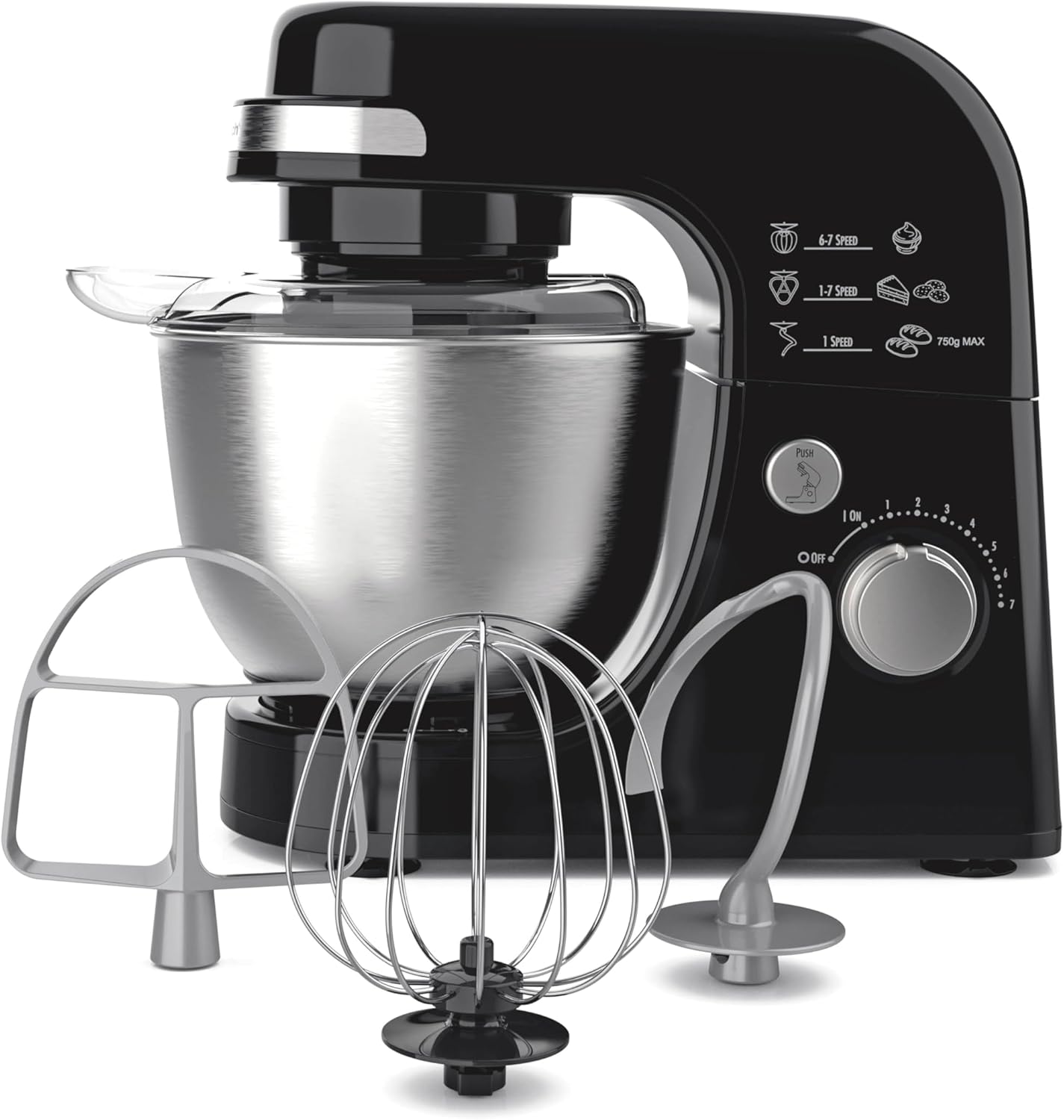 Hamilton Beach Electric Stand Mixer, 4 Quarts, Dough Hook, Flat Beater Attachments, Splash Guard 7 Speeds with Whisk, Black