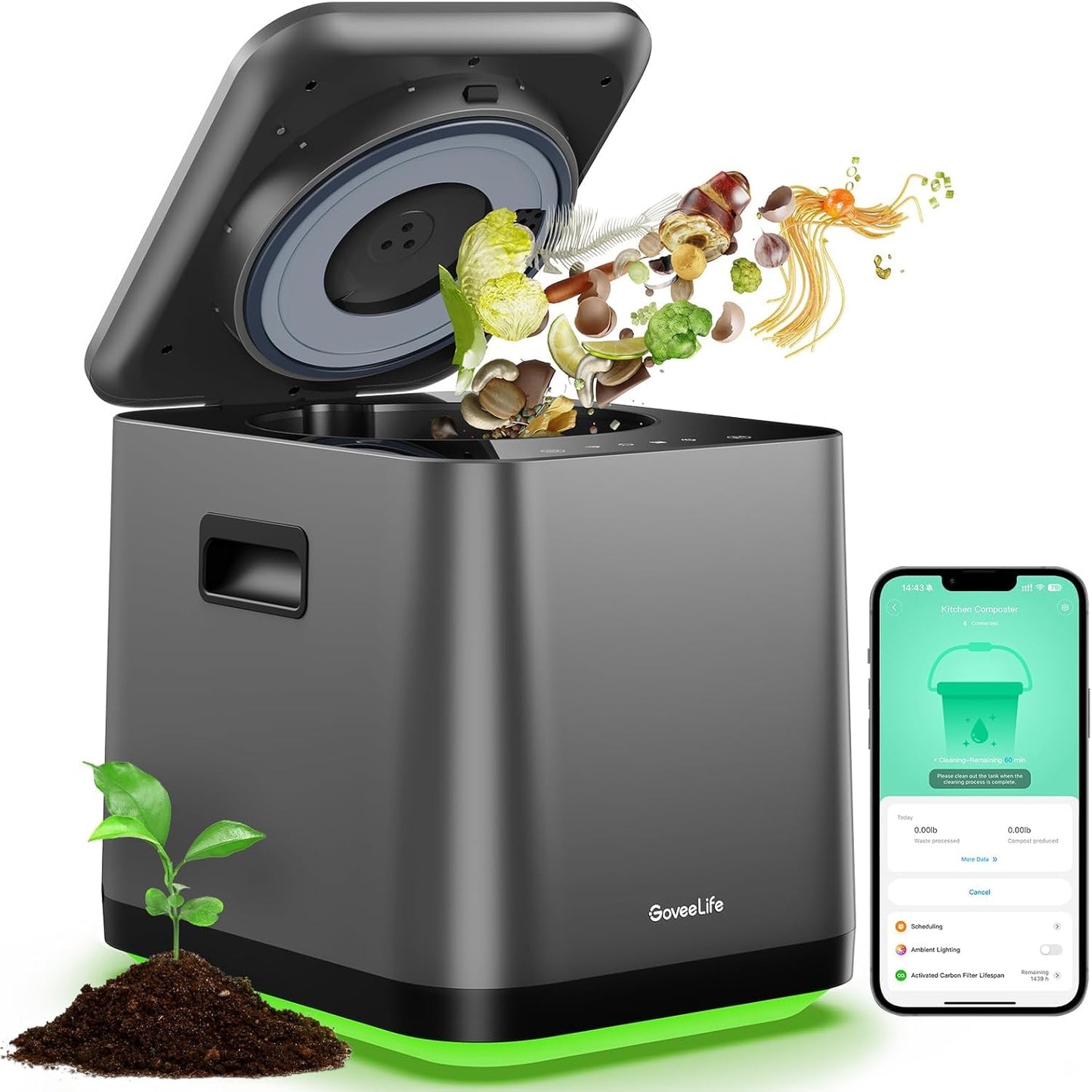 GoveeLife Smart Electric Composter for Kitchen, 3L Compost Bin Indoor with App & Voice Control, Auto-Cleaning, 3 Modes, Turn Food Waste to Fertilizer for Garden, Food Waste Compost Machine