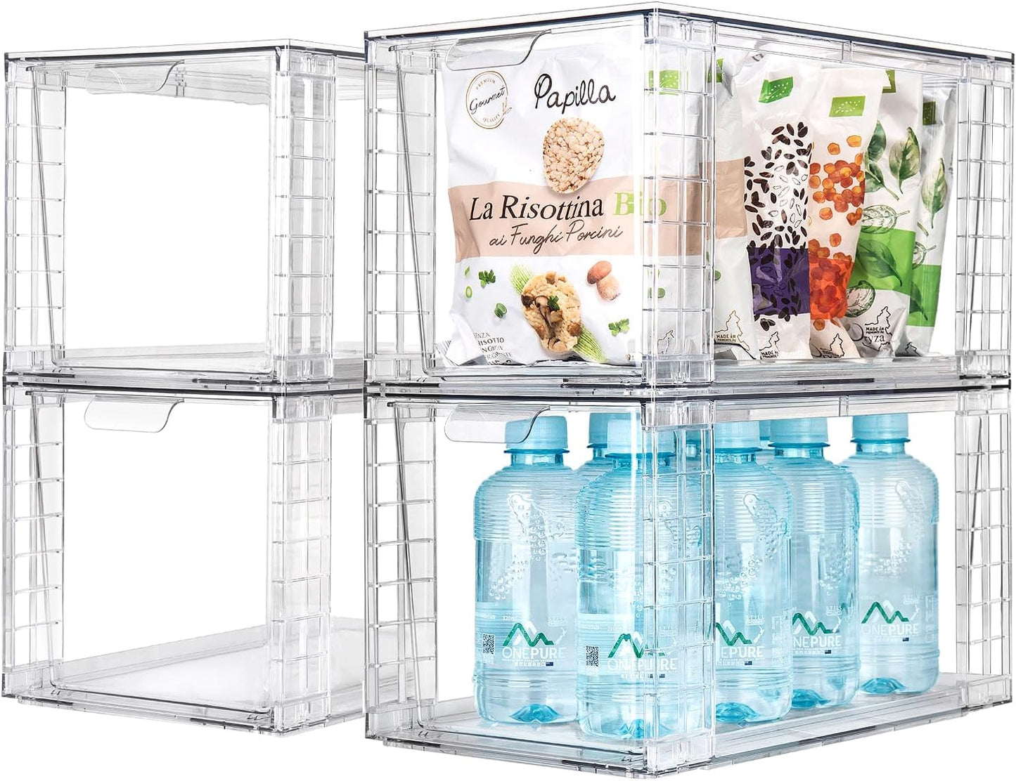 Zero Zoo 4Pack Large Stackable Kitchen Storage Drawers, Clear Foods Organizer Bins with Handles, Easily Assemble for Bathroom, Kitchen, Pantry, Cabinet, Closet(XL-UP Handle)