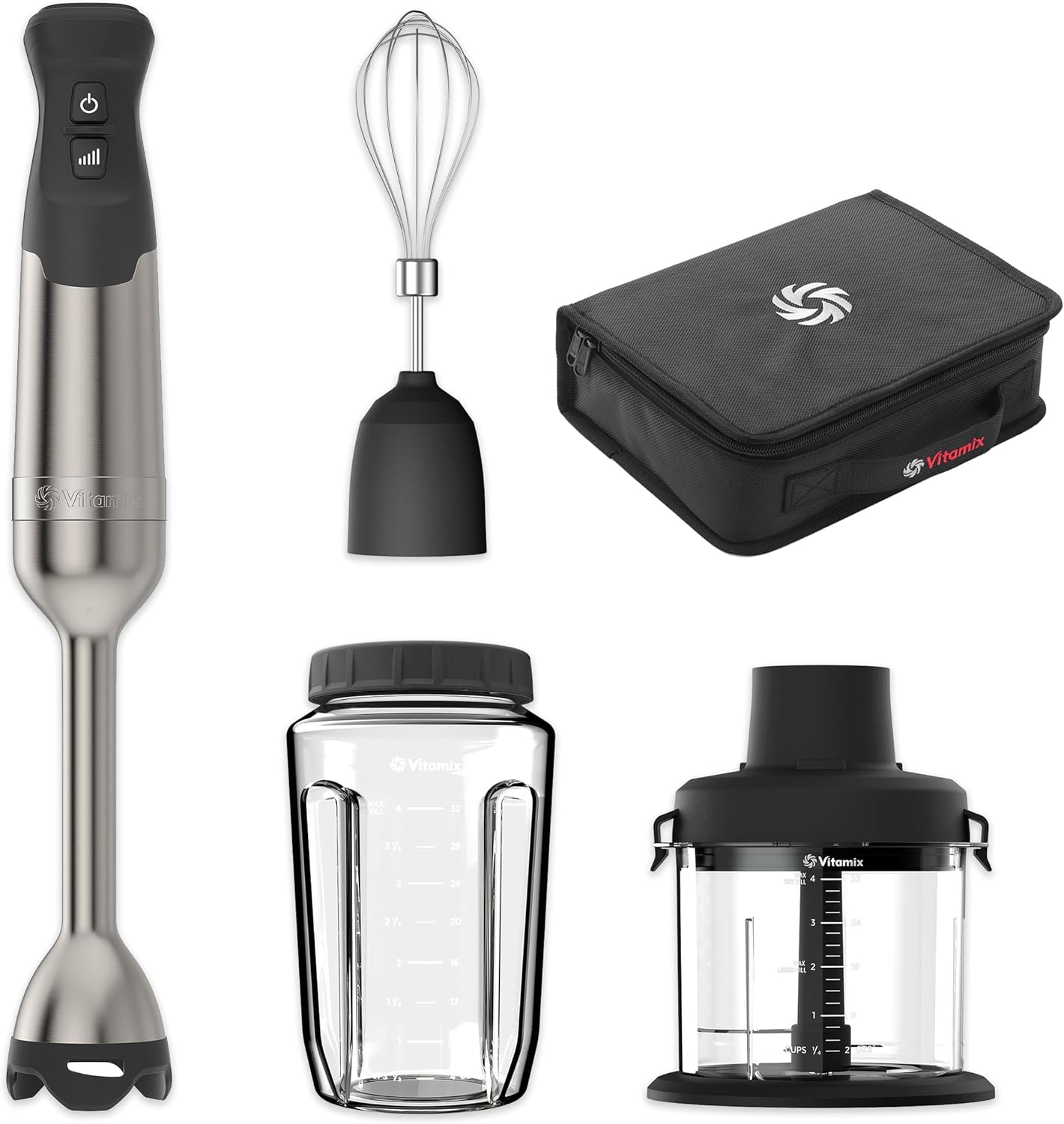 Vitamix 5-Speed Immersion Blender 5-Piece Bundle, 625-Watt Motor, One-Handed Operation, 5 ft cord, includes Mini-Chopper, Blending Jar, Whisk Attachment & Storage Case, Stainless Steel/Black