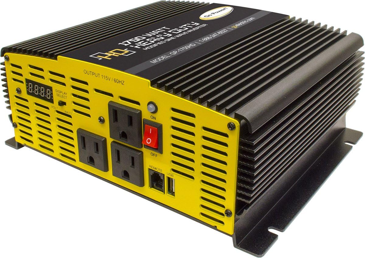 Go Power 1750 Watt Heavy-Duty Modified Pure Sine Wave Power Inverter, 12V to 120V AC - 3 AC Outlets for Standard Appliances - Lightweight, Portable Solution for RVs, Boats, Trucks, & Emergency Backup