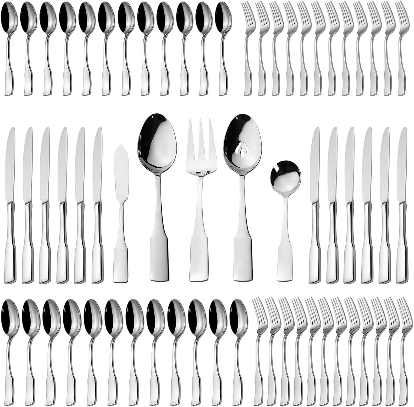 Alata Kate 65-Piece Silverware With Utensil-Serving Set, Service for 12, Stainless Steel Flatware, Mirror Polished Cutlery, Dishwasher Safe
