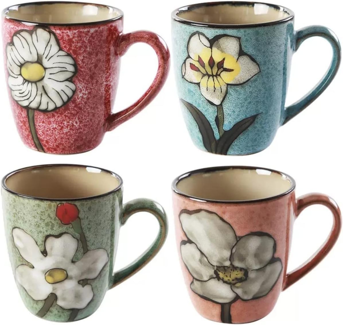 Ceramics 12oz Cappuccino Mug,Coffee mugs,Tea mugs,Kiln Glazing Process,Microwave and Dishwasher Safe, Perfect For Tea, Espresso, Latte - Porcelain Mugs for Kitchen or Cafe (Red+Blue+Green+Pink)