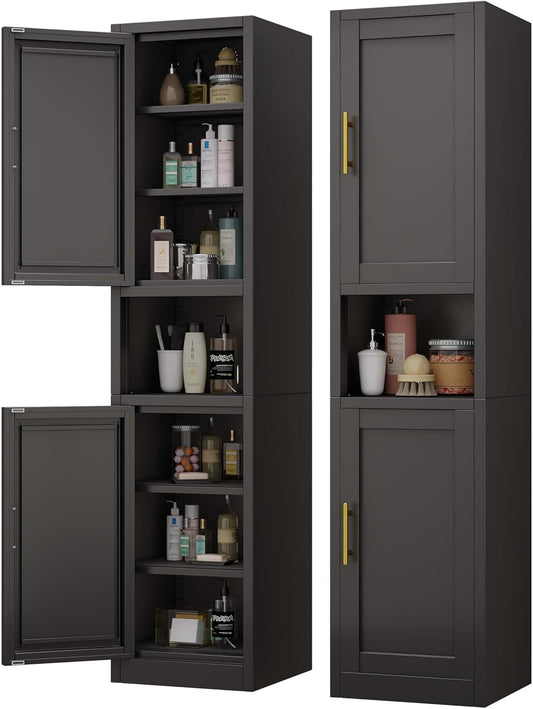 67" Tall Narrow Storage Cabinet Metal Bathroom Cabinet with 2 Doors & 4 Adjustable Shelves, Standing Pantry Cabinets Cupboard for Kitchen, Dining Room, Living Room and Bathroom (Black)