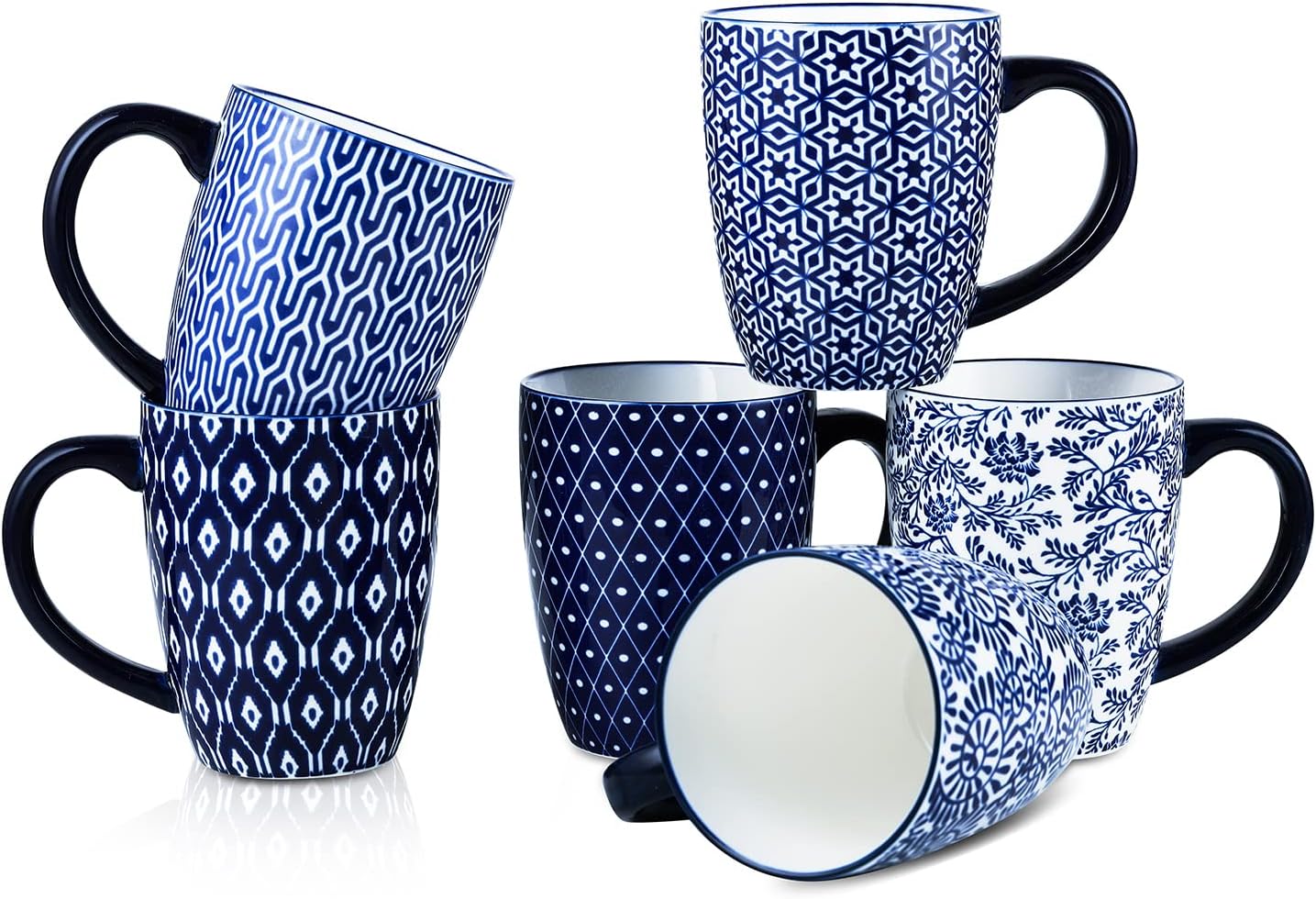 Selamica 16 oz Porcelain Coffee Mugs Set, Ceramic Tea Cup with Handle, dishwasher, oven, microwave safe, Pack of 6, Vintage Blue