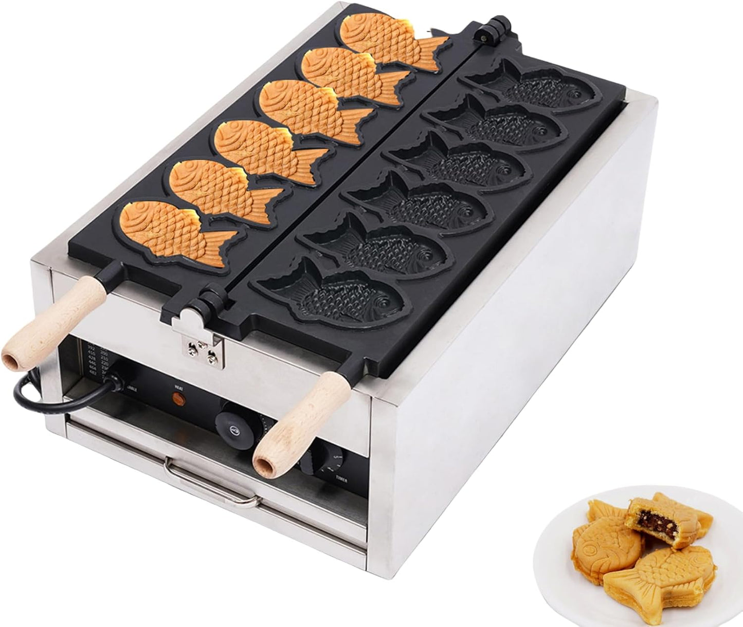 Commercial Taiyaki Fish Waffle Maker Machine 6 PCS Nonstick Electric Fish Shaped Waffle Maker Stainless Steel Household Waffle Cone Maker 3000W