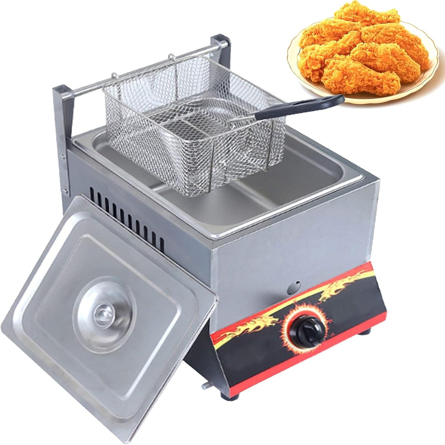 YDBMY Stainless Steel LPG Fryer\/Gas Fryer, Commercial Professional Deep Fryer, Adjustable Firepower and Temperature Contro, Multi-Function Countertop Fryer with Frying Basket and Lid