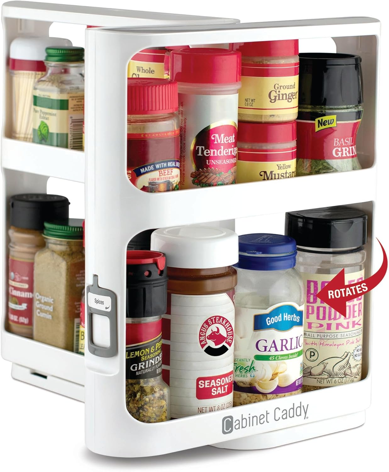 Cabinet Caddy Spice Rack Organizer for Cabinet - Slide & Rotate Kitchen Organizers and Storage - 2 Double-Decker Shelves - Non-Skid Base - Magnetic Modular Design - 10.8" H x 5.25" W x 10.8" D