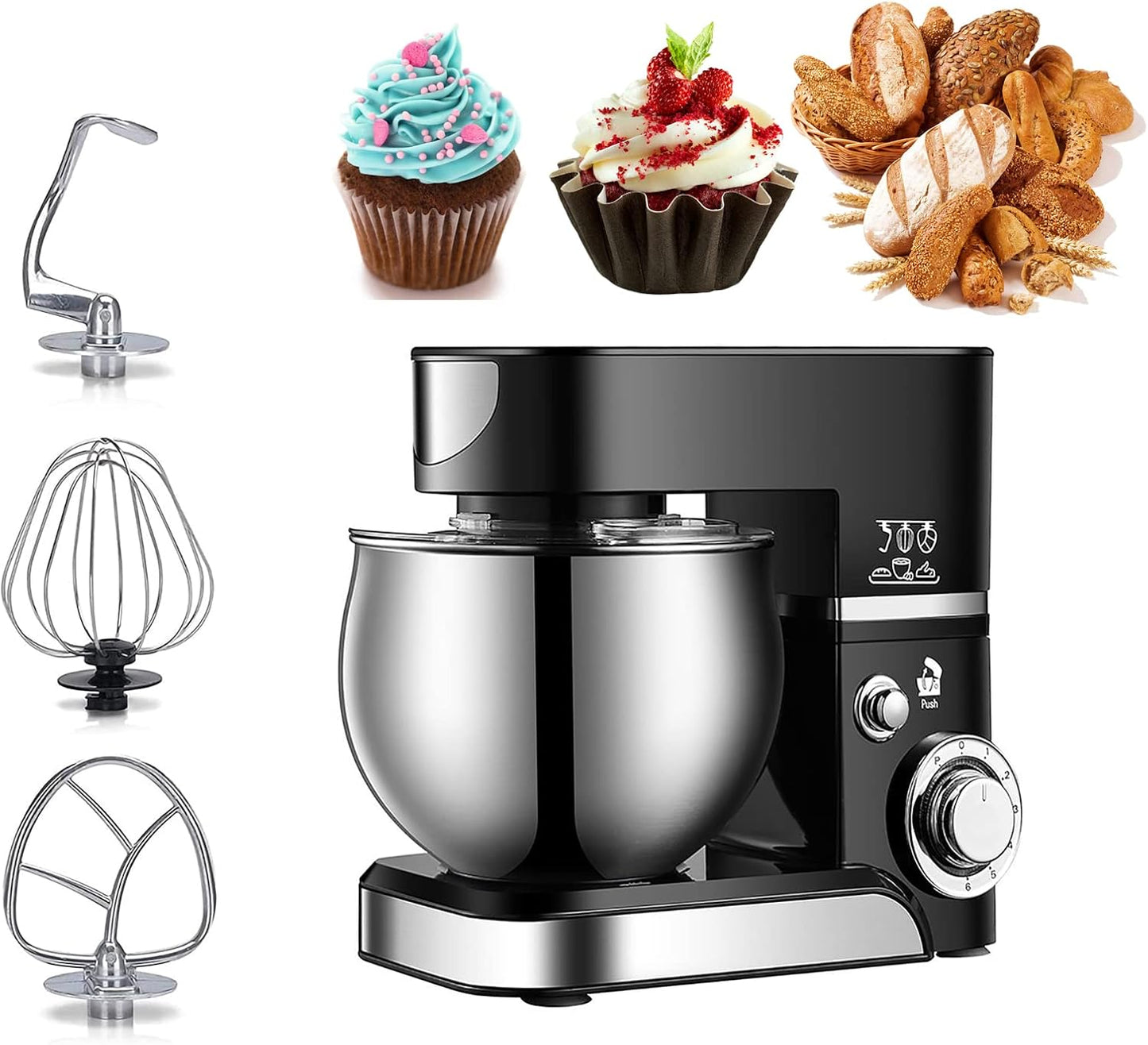 Kitchen Electric Vertical Mixer, Vertical Mixer 6+1 Speed 1200w Food Mixer with Dough Hook, Mixer, Mixer, Splash Guard and Mixing Bowl for Baking