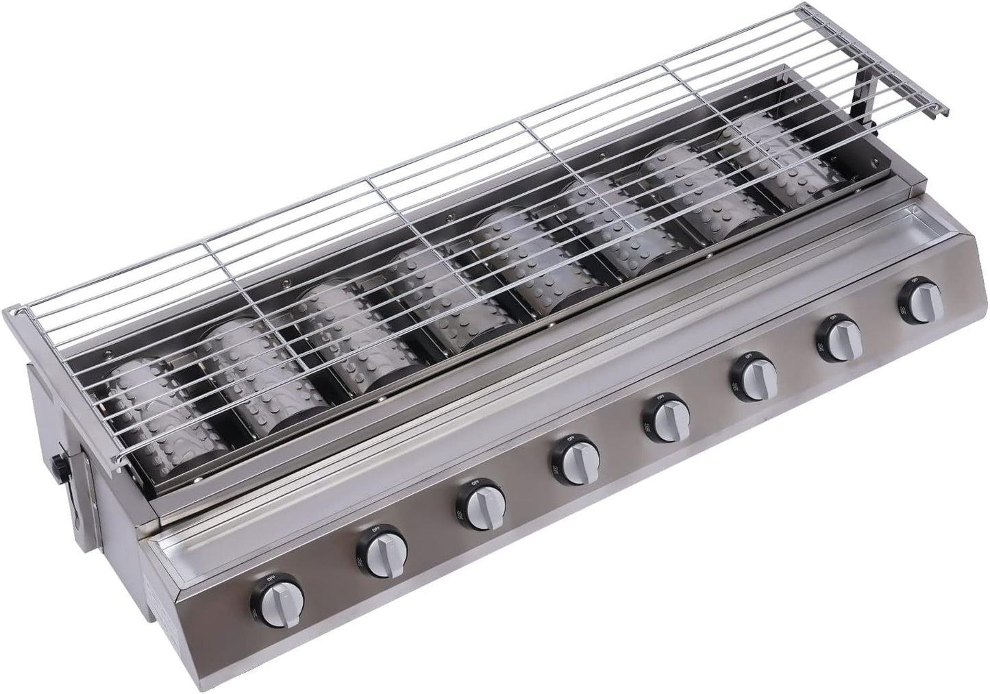 BBQ Gas Grill, Stainless Steel Patio Garden Barbecue Grill, 8-Burners Outdoor Smokeless Stove, Portable Cooktop, Adjustable Height, for Restaurant, Food Stall, Buffet, Snack Bar