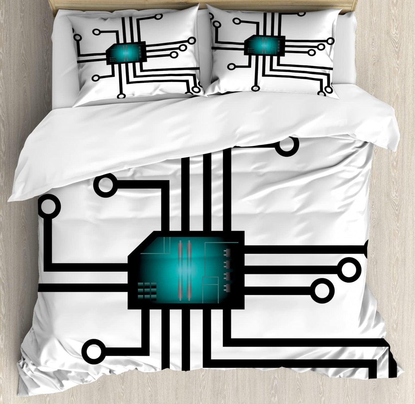 Lunarable Engineer Duvet Cover Sets, Drawing of Futuristic Chip with Circles and Connection Appliances, Bedding Set with 2 Duvet Covers 4 Pillowcases, 2 Pack Cal King Size, Dark Seafoam and Black
