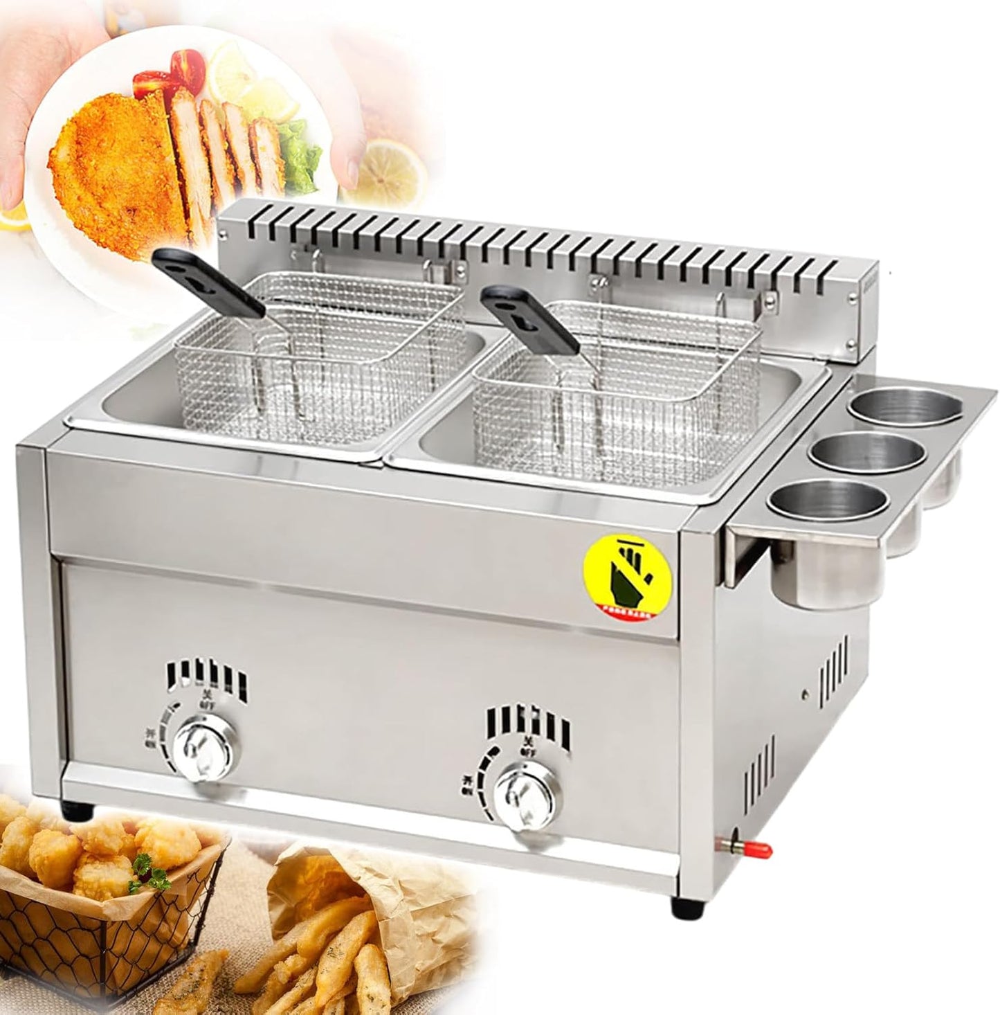 Commercial Gas Deep Fryer,8L x 2 Countertop Stainless Steel Dual Tank Kitchen Frying Machine,with 2 Baskets & Lids,for Cooking Fries, Onion Rings, Egg Rolls, Fried Chicken
