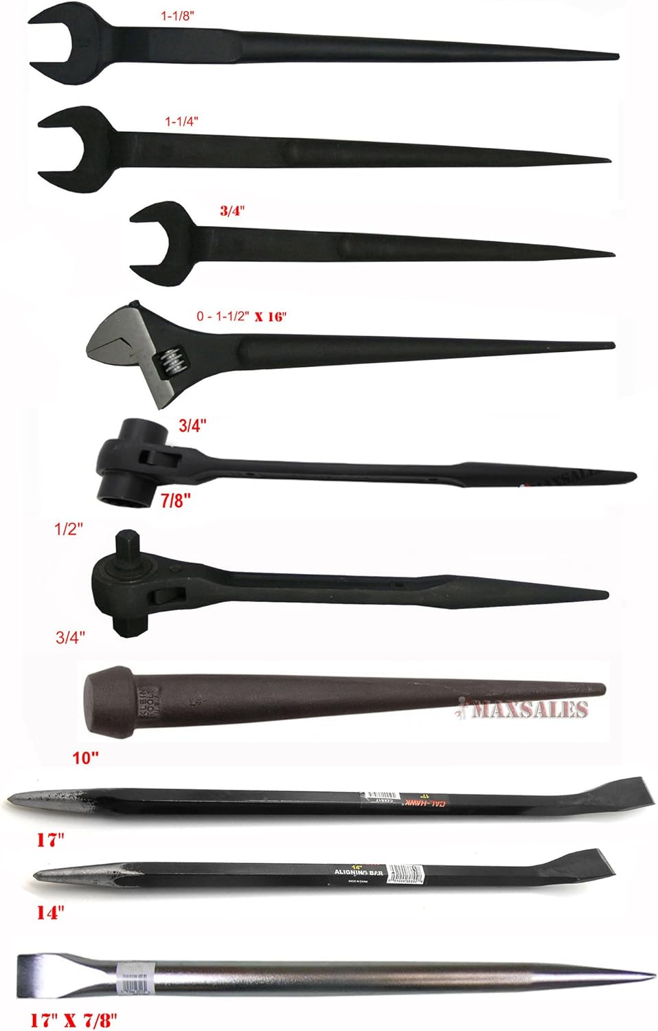 Cal-Hawk 1-1/4" - 1-1/8" - 3/4" Adjustable Spud Wrench & Dual Ratchet Spud Wrench & 2-pc Iron Worker & 10" Aligning Bars Tool Set