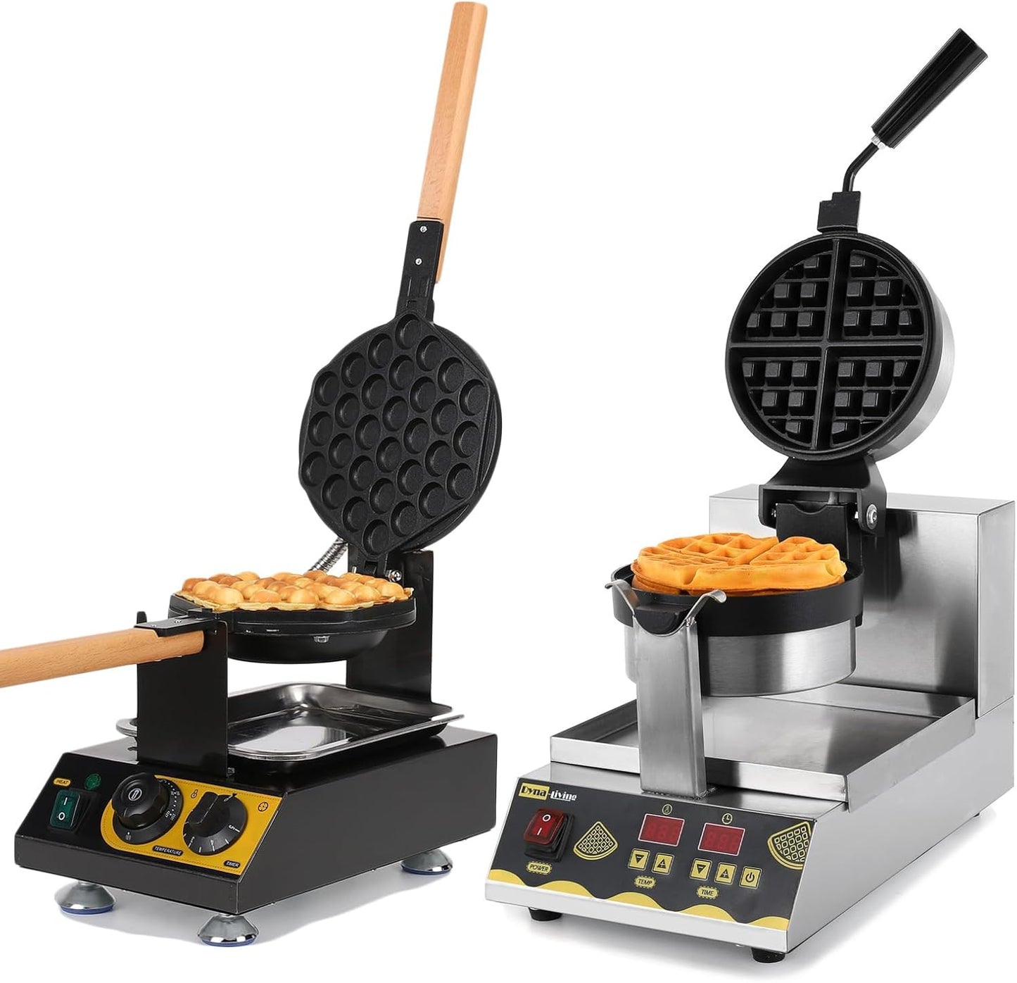 Dyna-Living 1200W Belgian Waffle Maker + 1400W Bubble Waffle Maker for Restaurant or Home Use