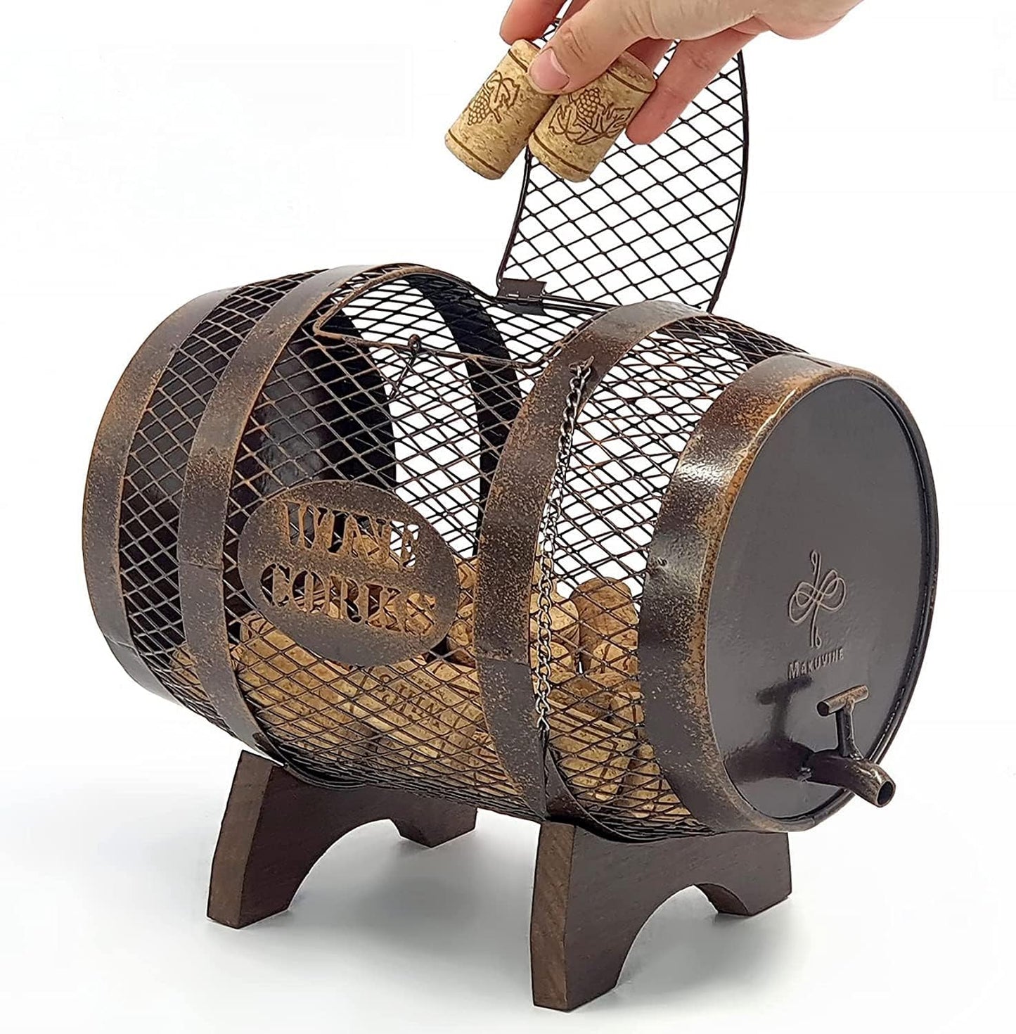 Rustic Metal Large Barrel Wine Cork Holder Display On Wooden Stand, Container for Display, Home Decor, Housewarming Gifts, Home Bar Decor, Wine Gifts, Engagement Gifts, Kitchen Decor