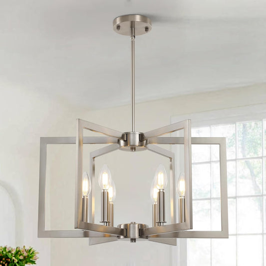 Sigaitwei 6-Light Modern Metal Geometric Chandelier,Kitchen Island Brushed Nickel Lighting Fixtures,Entryway Light Fixture Hanging Brushed Nickel,Farmhouse for Dining Room Chandelier