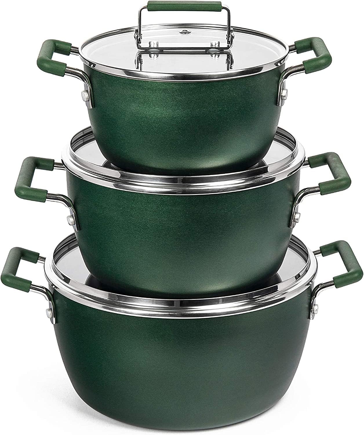 Granitestone Green Pots and Pans Set Nonstick, 6 Stackable Piece Cooking Pots Set, Kitchen Pots, Non Stick Coating, 5qt 3qt & 1.5qt Pots with Lids, Stay Cool Handles Dishwasher Safe 100% Toxin Free