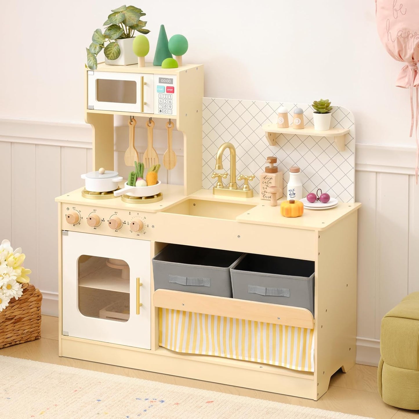 OOOK Wooden Pretend Play Kitchen Set with Storage System, Kids Play Kitchen with Plenty of Play Features, Toddler Kitchen Playset for Toddlers 3-5