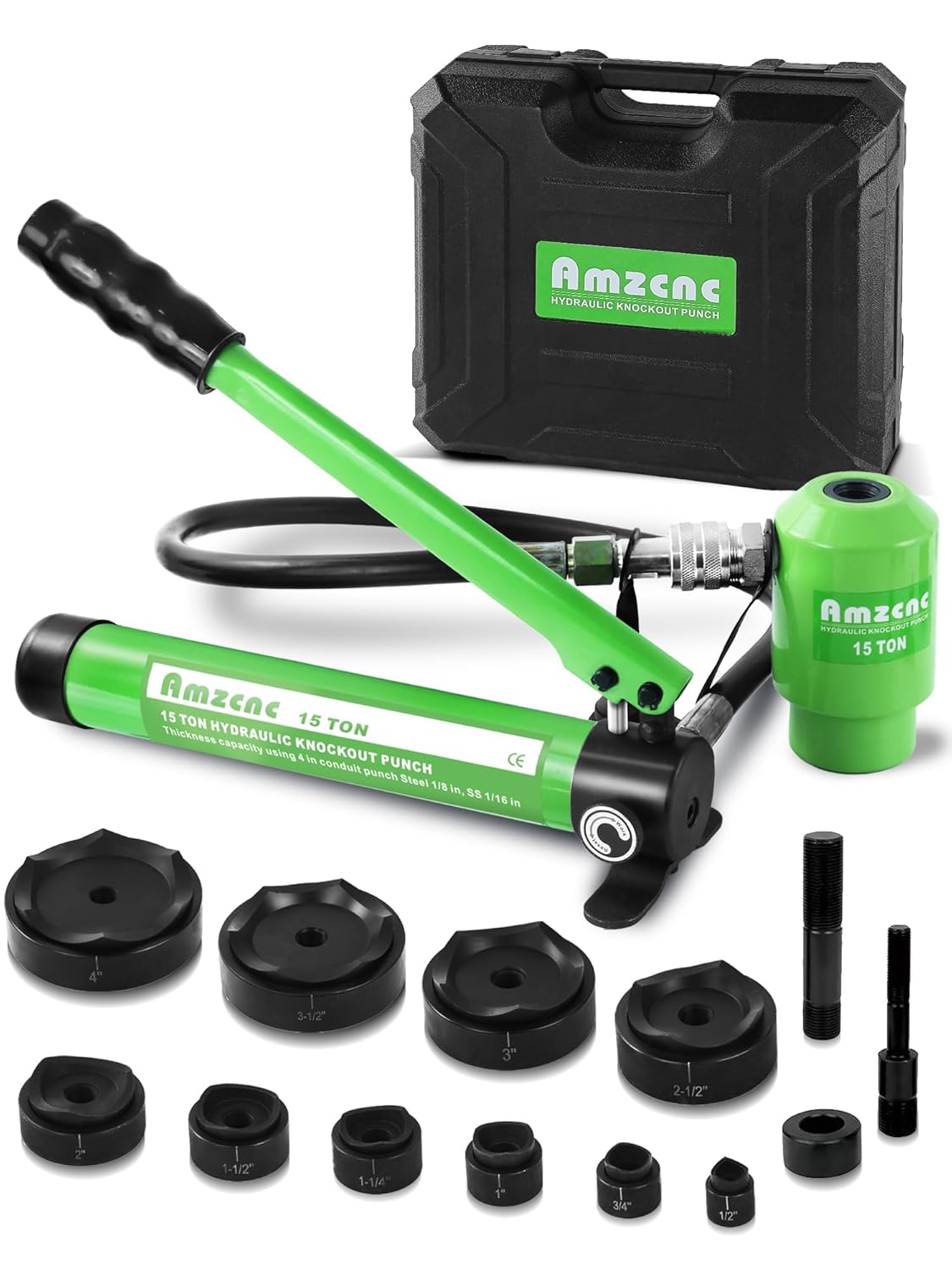 AMZCNC 15 Ton 1\/2 Inch to 4 Inch Hydraulic Knockout Punch Driver Tool Kit with 10 Dies Hole Complete Tool Electrical Conduit Hole Cutter Set (15T(1\/2"~4"))