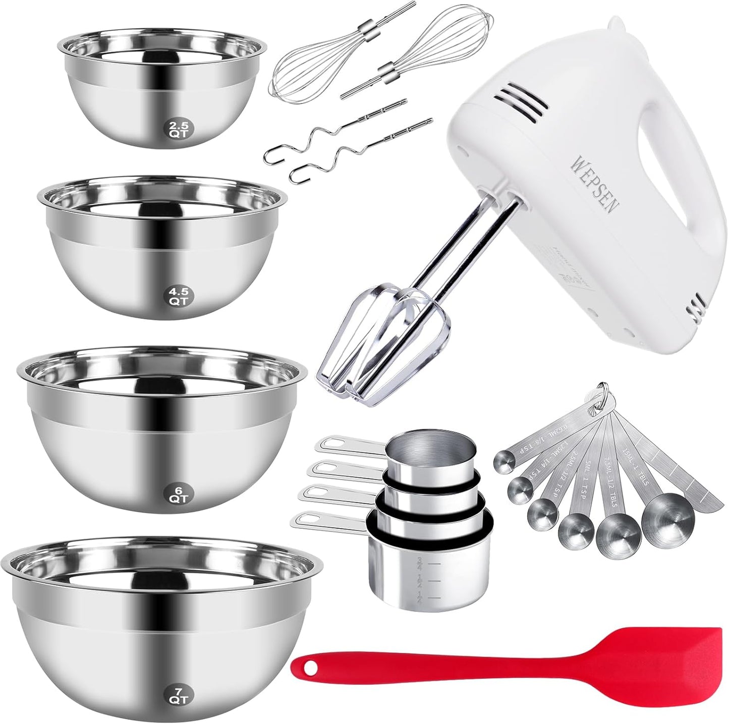 5-Speed Electric Hand Mixer, 4 Large Mixing Bowls Set, Handheld Mixers with Whisks Beater, Stainless Steel Metal Nesting Bowl Measuring Cups Spoons Kitchen Cake Blender for Baking Supplies