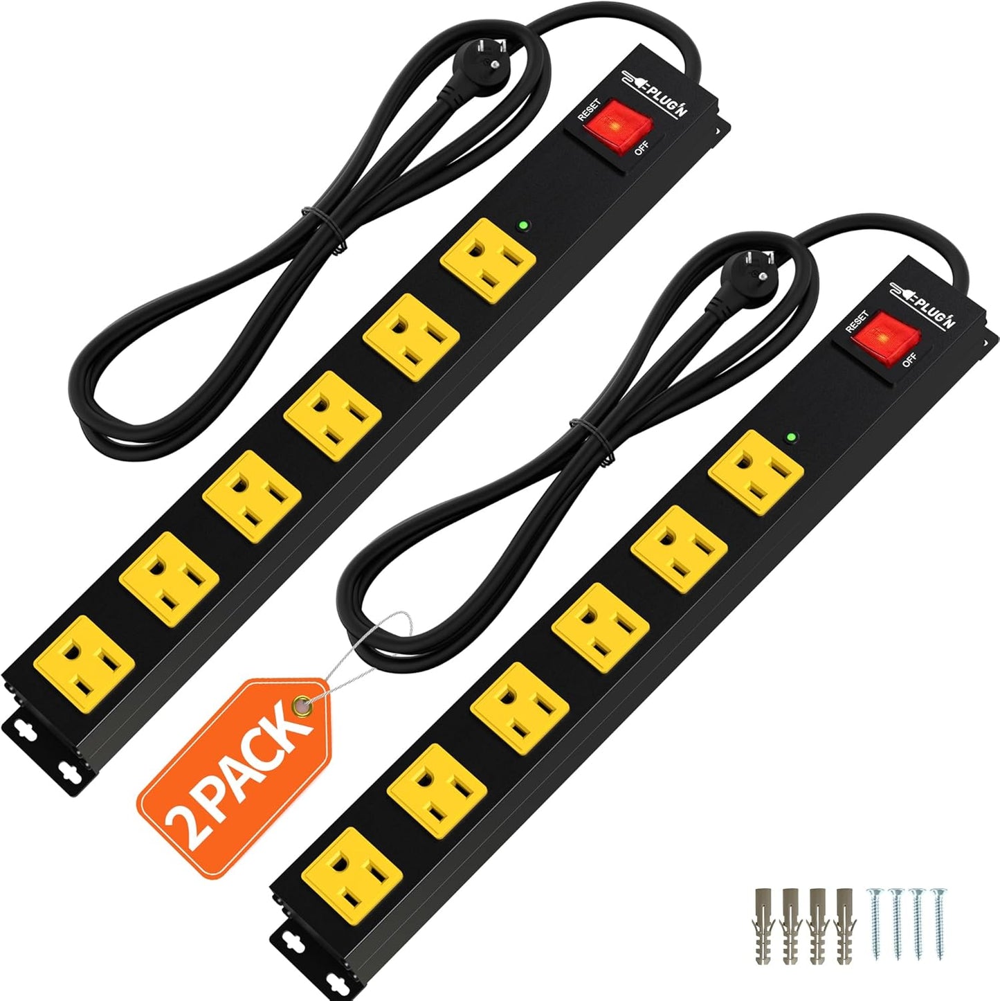 Power Strip 2700J Surge Protector, 2 Pack 6 Outlet Heavy Duty Power Strips with Flat Plug and 6FT Long Cord, Wall Mountable Metal Outlet Strip for Desk, Garage, Workbench and Kitchen