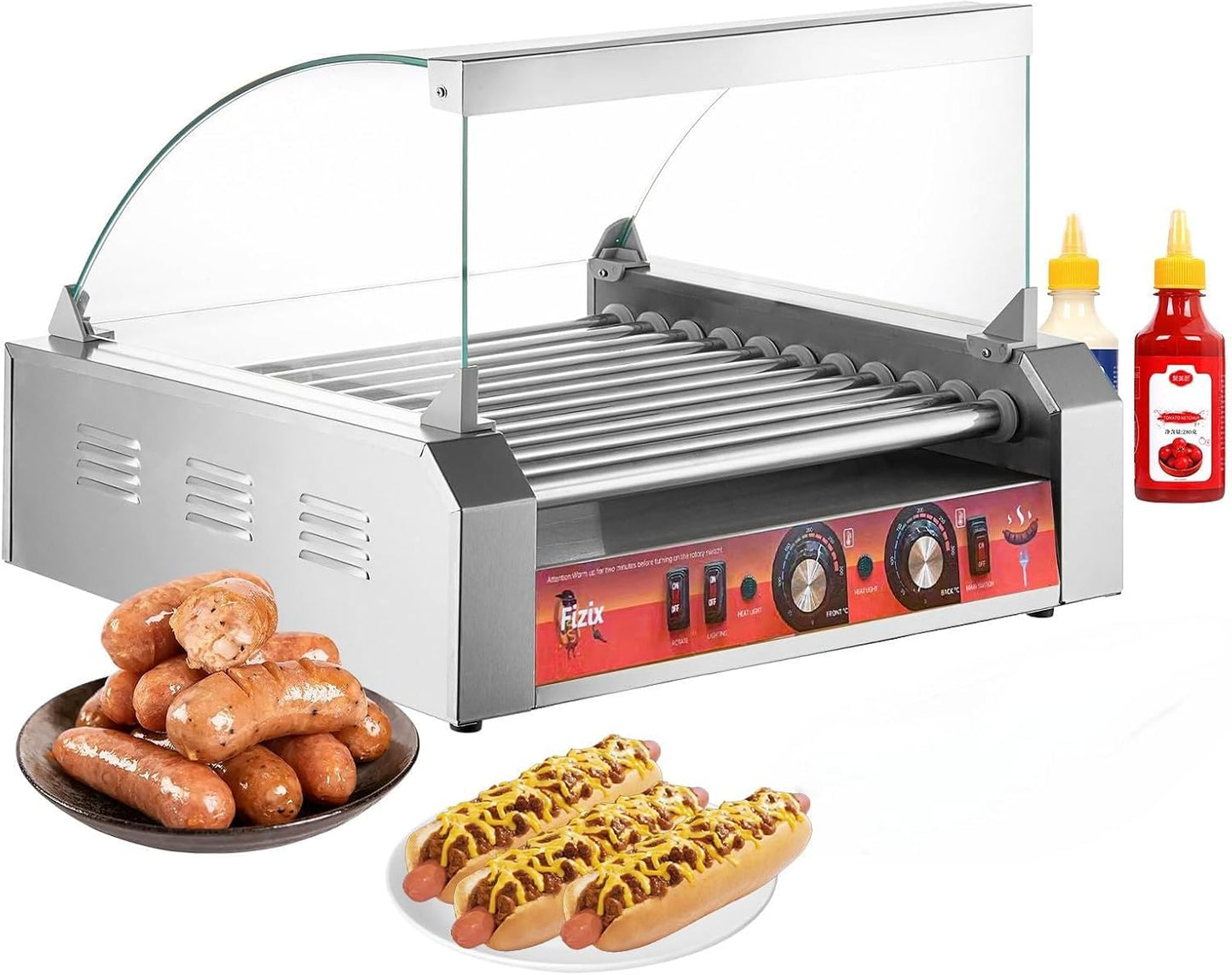 1700W Hot Dog Rollers,30 Hot Dog Capacity 11 Non-stick Stainless Steel Rollers,Hot Dog Machine With Dust Cover,Hot Dog Roller Machine With Dual Temp Control And Led Light\/Detachable Drip Tray