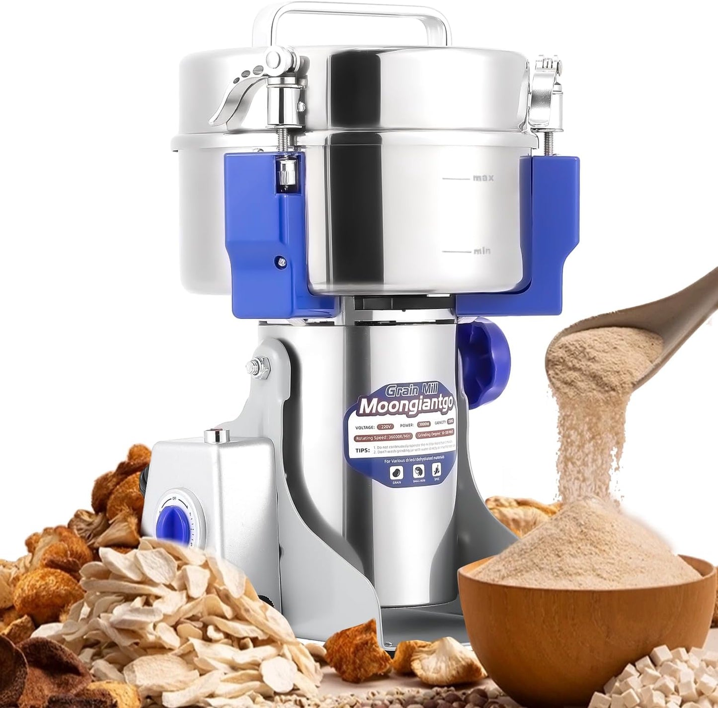 Moongiantgo 1500g Grain Grinder Mill Commercial Spice Grinder High Speed 3000W Pulverizer Grinding Machine Stainless Steel for Cereal Grains Spices Herbs (1500g Swing)
