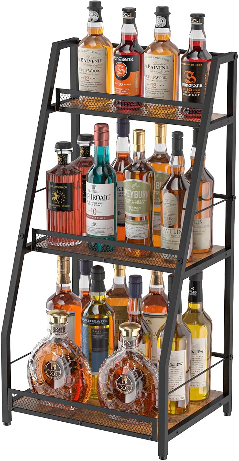 3-Tier Trapezoid Liquor Stand for Home Bar, Stepped Wine Rack Freestanding Floor for Liquor Whiskey Wine, Versatile Corner Wine Bottle Display Stand with Fences, Vintage Brown(Patent Pending)