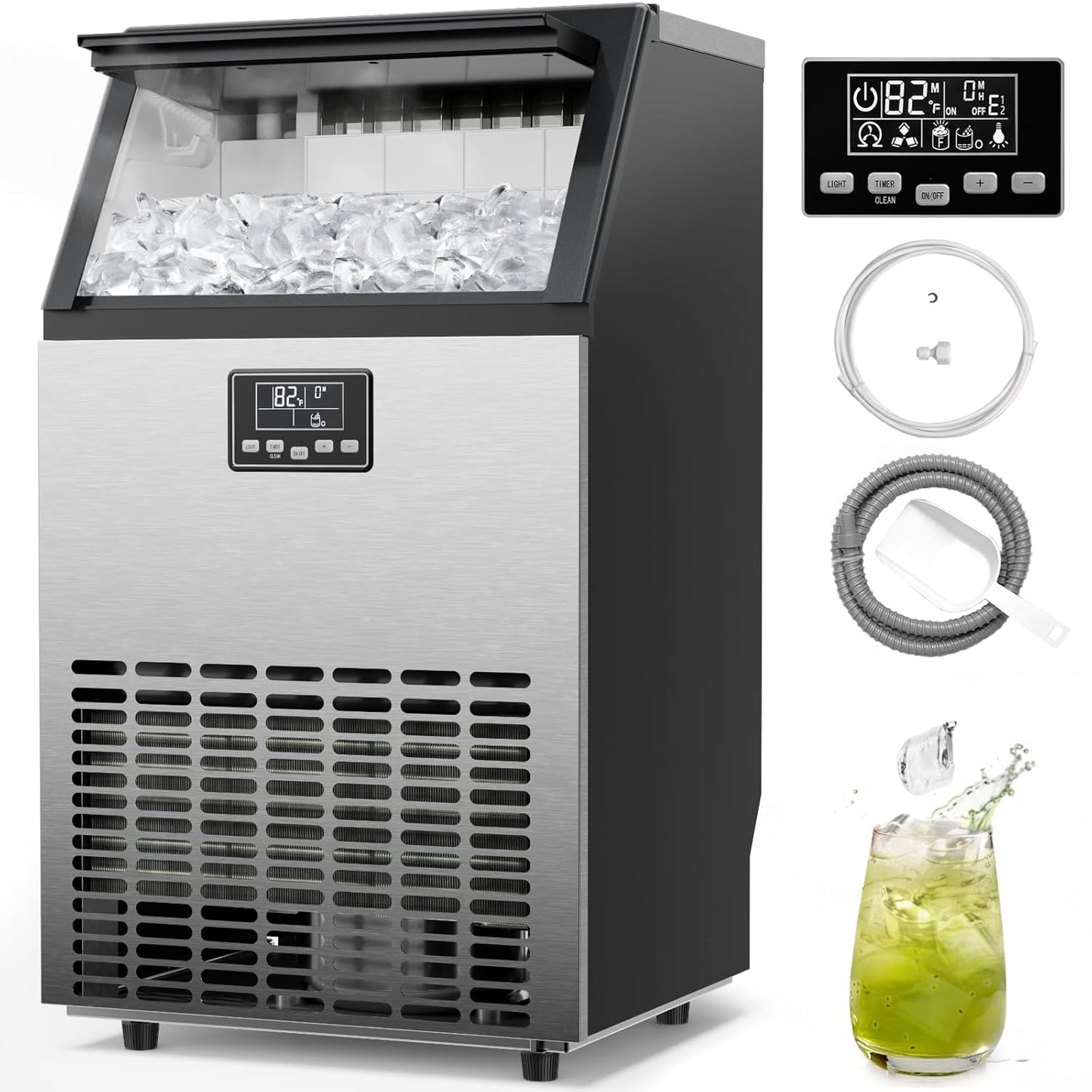 Kismile Commercial Ice Maker, Freestanding Crescent Ice Maker 110lbs\/24h, 30lbs Storage Bin, Full Heavy Duty Stainless Steel Construction, Ice Maker Machine for Home Bar, Coffee Shop, Business
