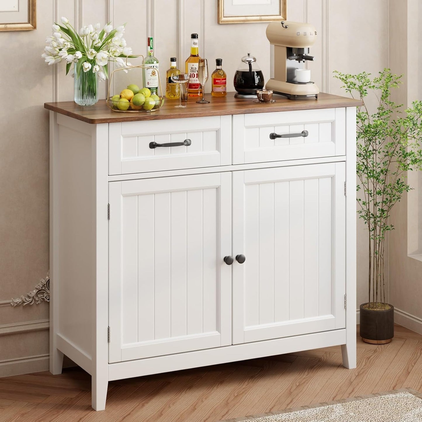 Gizoon Kitchen Sideboard Buffet Cabinet, 32'' H Large Kitchen Storage Island and Adjustable Shelf, Modern Coffee Bar Console Cabinet for Dining Room, Bathroom, Entryway, Retro