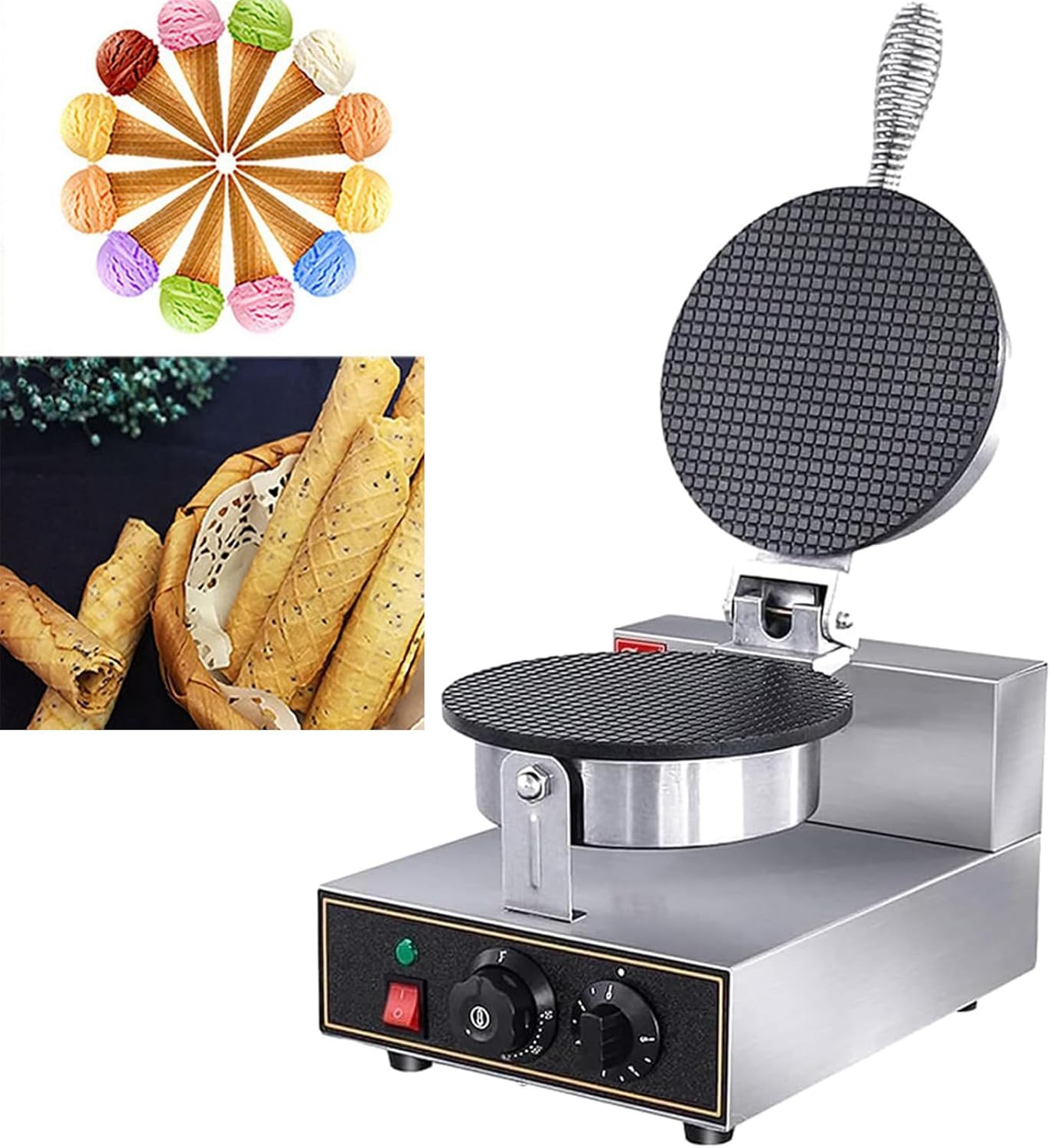 Commercial Waffle Cone Maker, 1200W Non-Stick Ice Cream Cone Maker Machine, Adjustable Temperature from 50 to 250 ℃, Rapid and Even Heating, for Restaurant Home Party, Food Stand