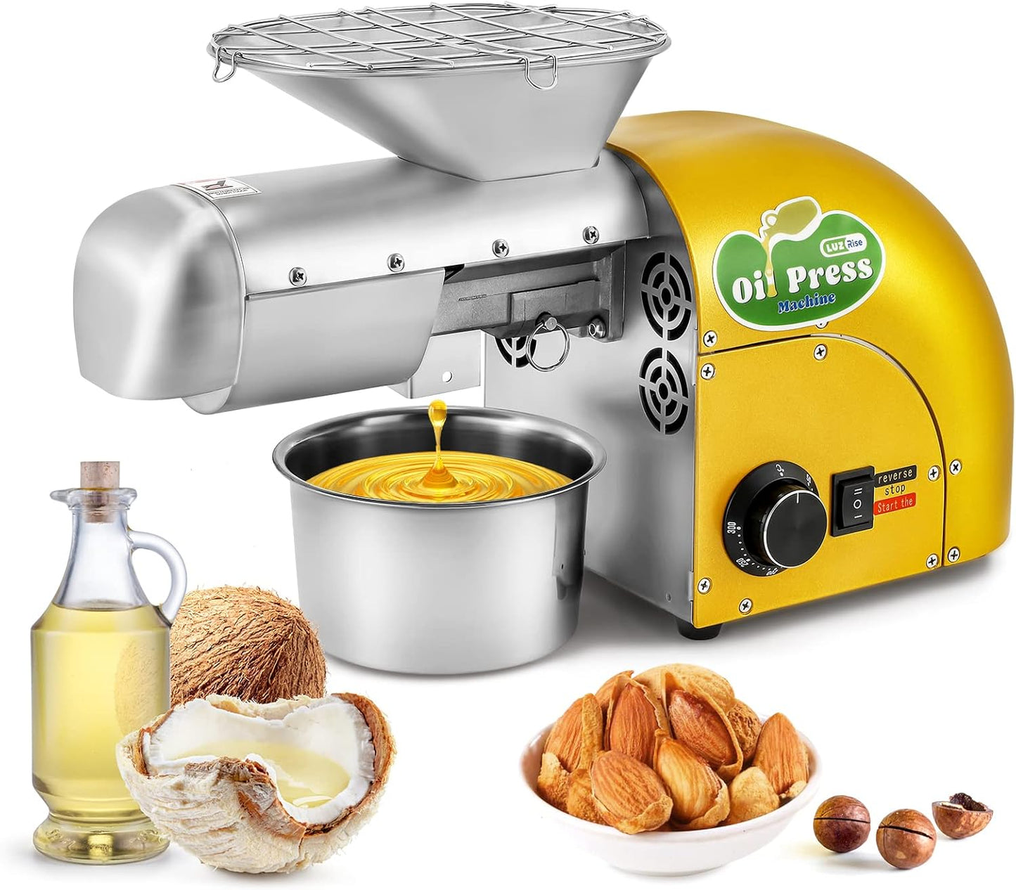 Luzrise 1800w Oil Press Machine Nut Seed Oil Extractor Cold&Hot Press Machine (Temperature Control 32-572℉, Extended Rod, 13-19LBS\/H, Lower Noise, For Coconut, Cocoa Beans, Avocado, Amaranth) (Golden)