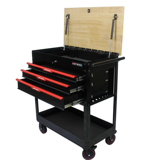 Tatayosi Black Red 3-Drawer Multifunctional Tool Cart with Wheels and Wooden Top