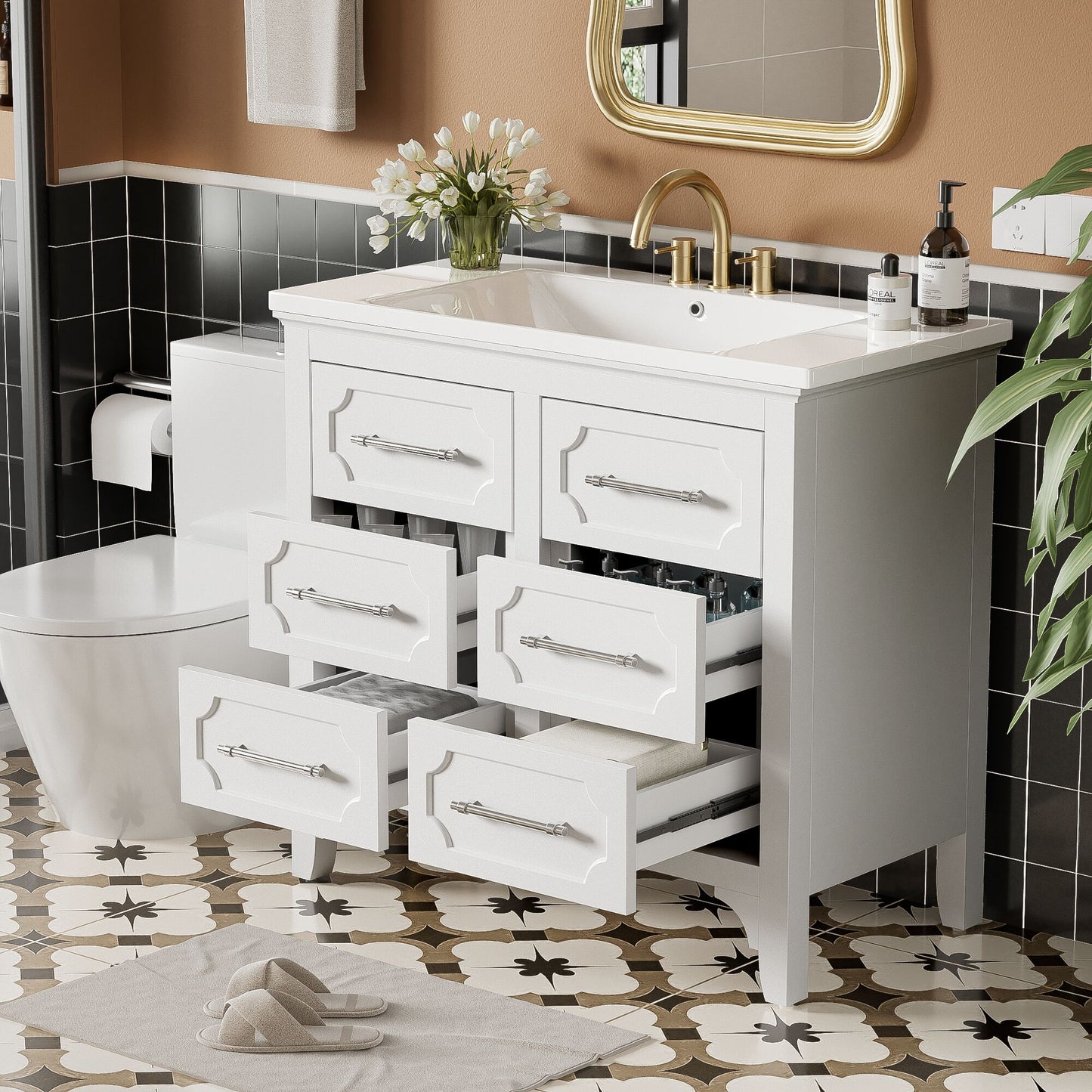 Tatayosi 36inch Free Standing Bathroom Vanity with Resin Sink Combo Single Vanity Set 4 Drawers Solid Wood Frame Storage CabinetK