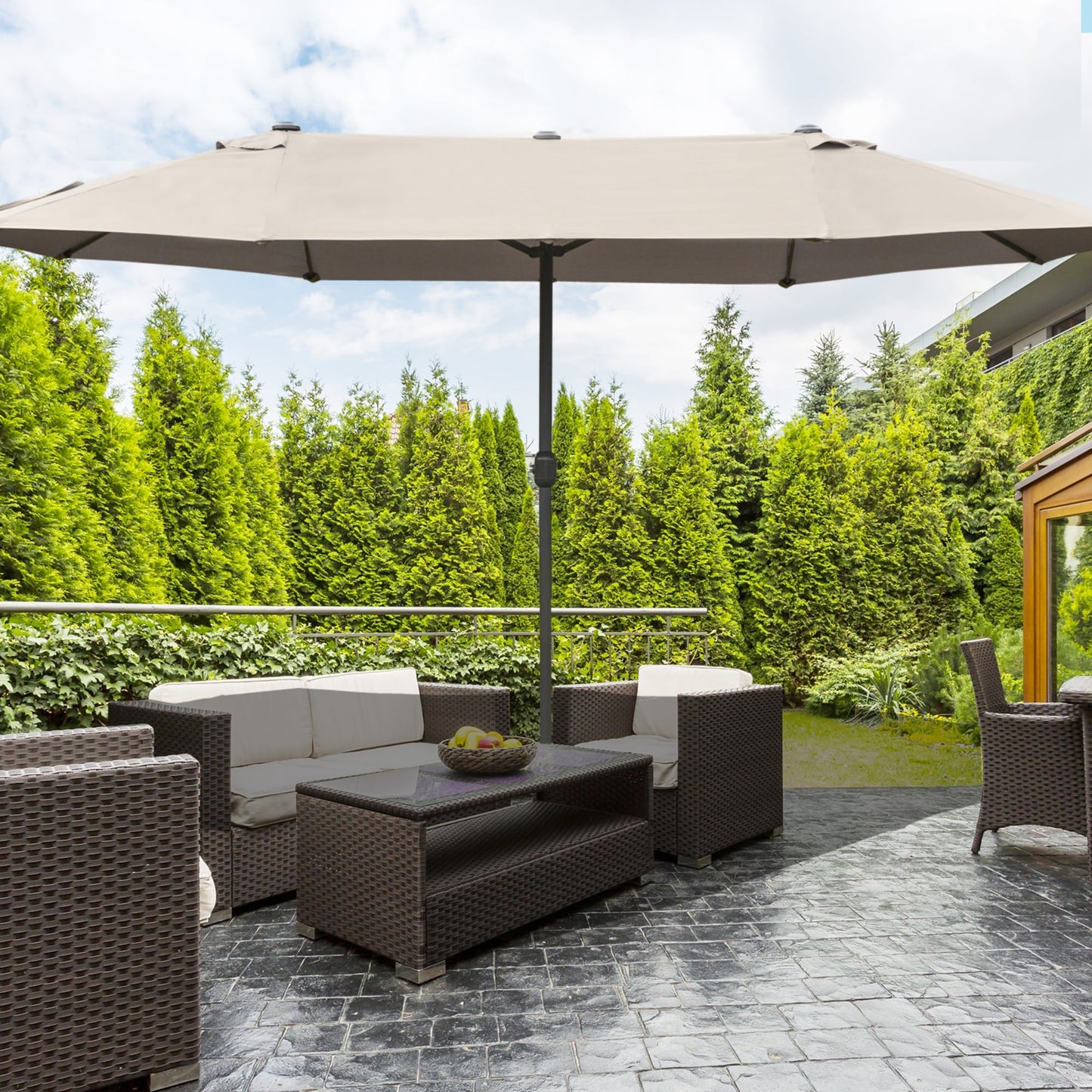 ToolCat 8.92-ft Steel Brown Crank Market Patio Umbrella with Base