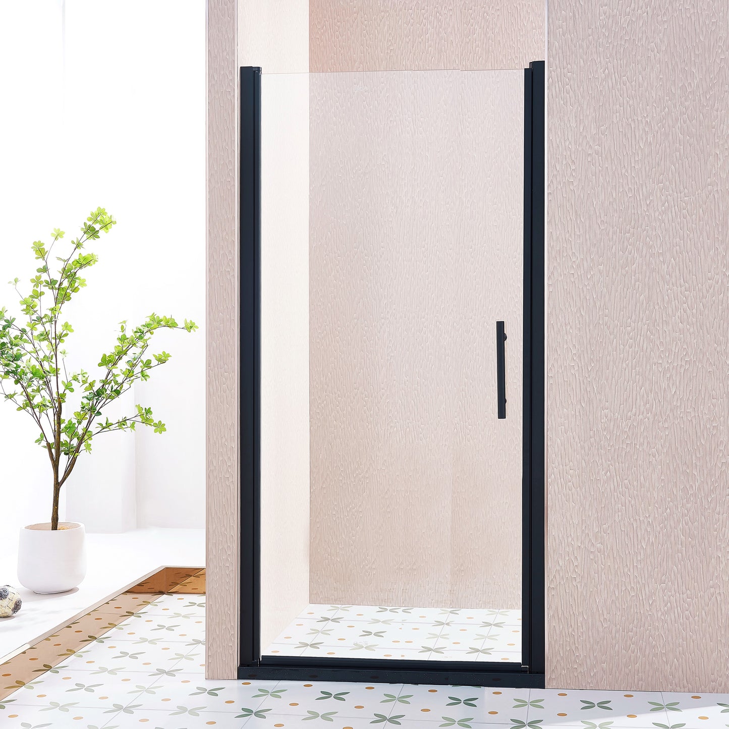 Tatayosi 34-35 1/2W x 75H Inches Pivot Single Swing Shower Door Aluminium Alloy in Matte Black 1/4 Inches (6mm) Thick SGCC Tempered Clear Glass