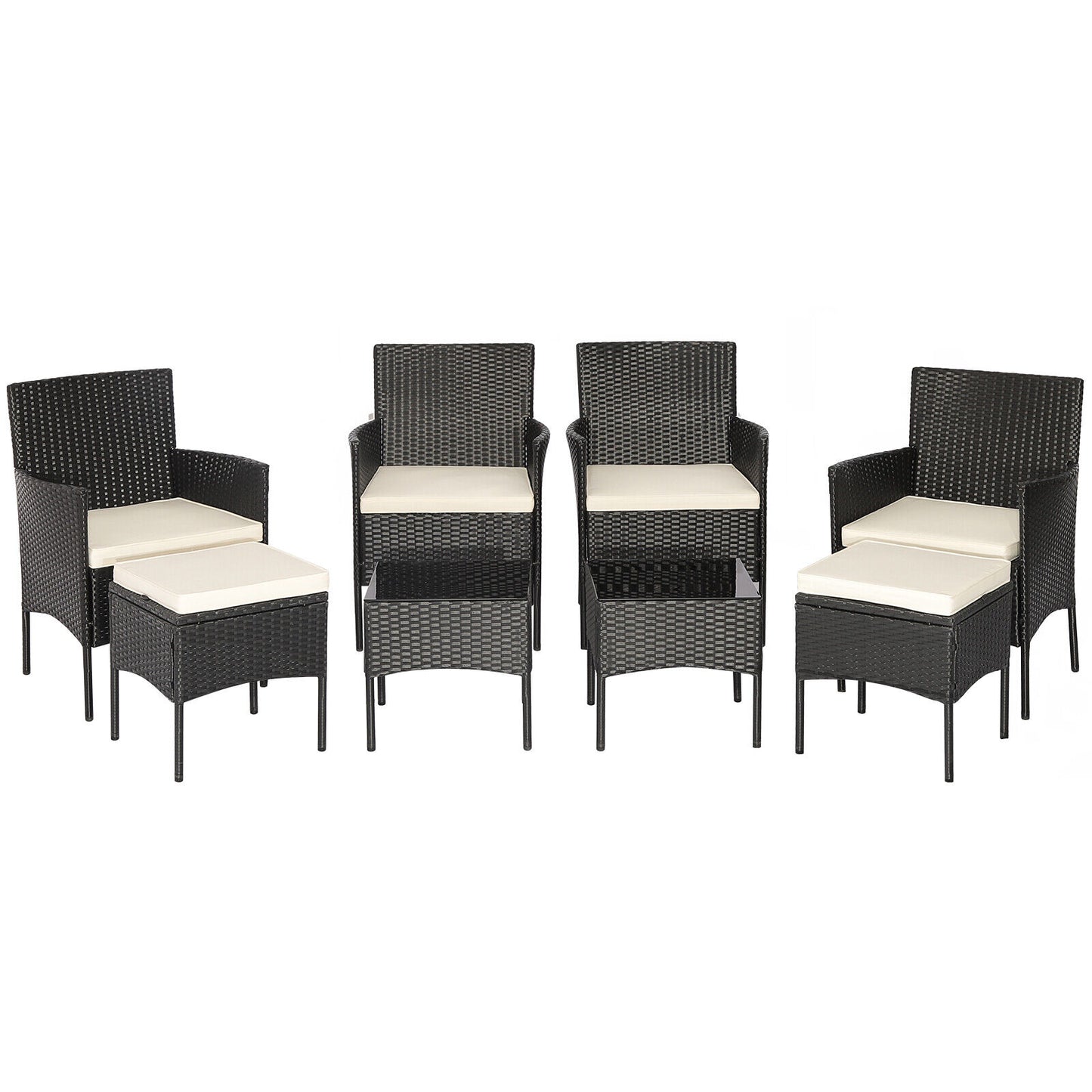 Slickblue 8-Piece Black Rattan Patio Conversation Set with 4 Chairs 2 Ottomans Off White Cushions and 2 Black Tempered Glass Tables for Backyard Poolside or Patio