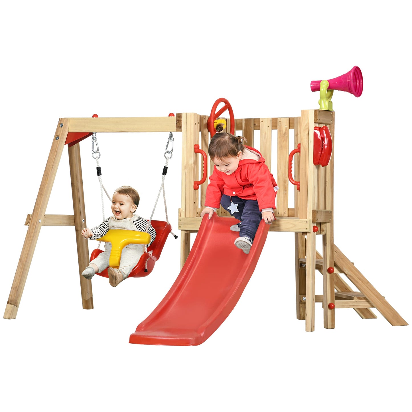 Outsunny 4in1 Wooden Swing Set Kids Outdoor Playset with Swing Slide Horn Steering Wheel Toddler Playground Set