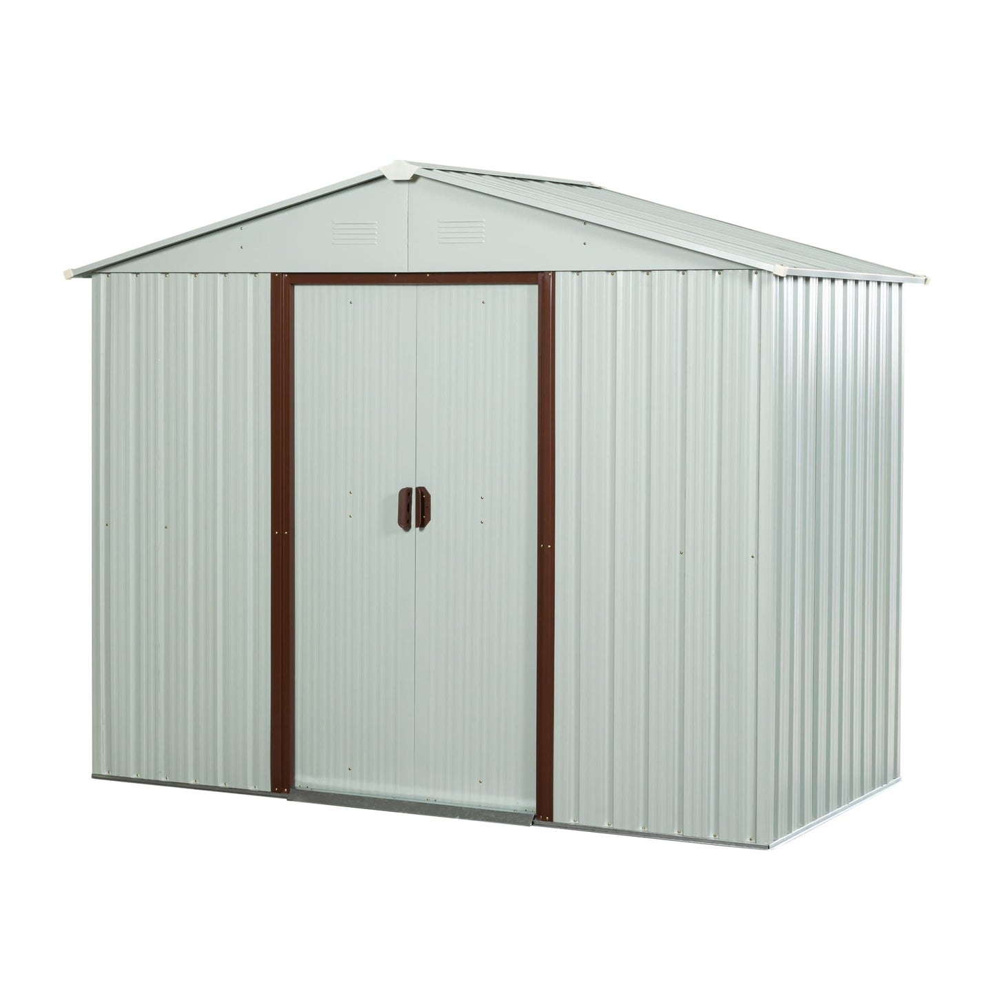 Vynxaria 8x4FT Outdoor Metal Storage Shed with Metal Foundation 4 Punched Vents Pad Lockable Sliding Doors White for Garden Backyard